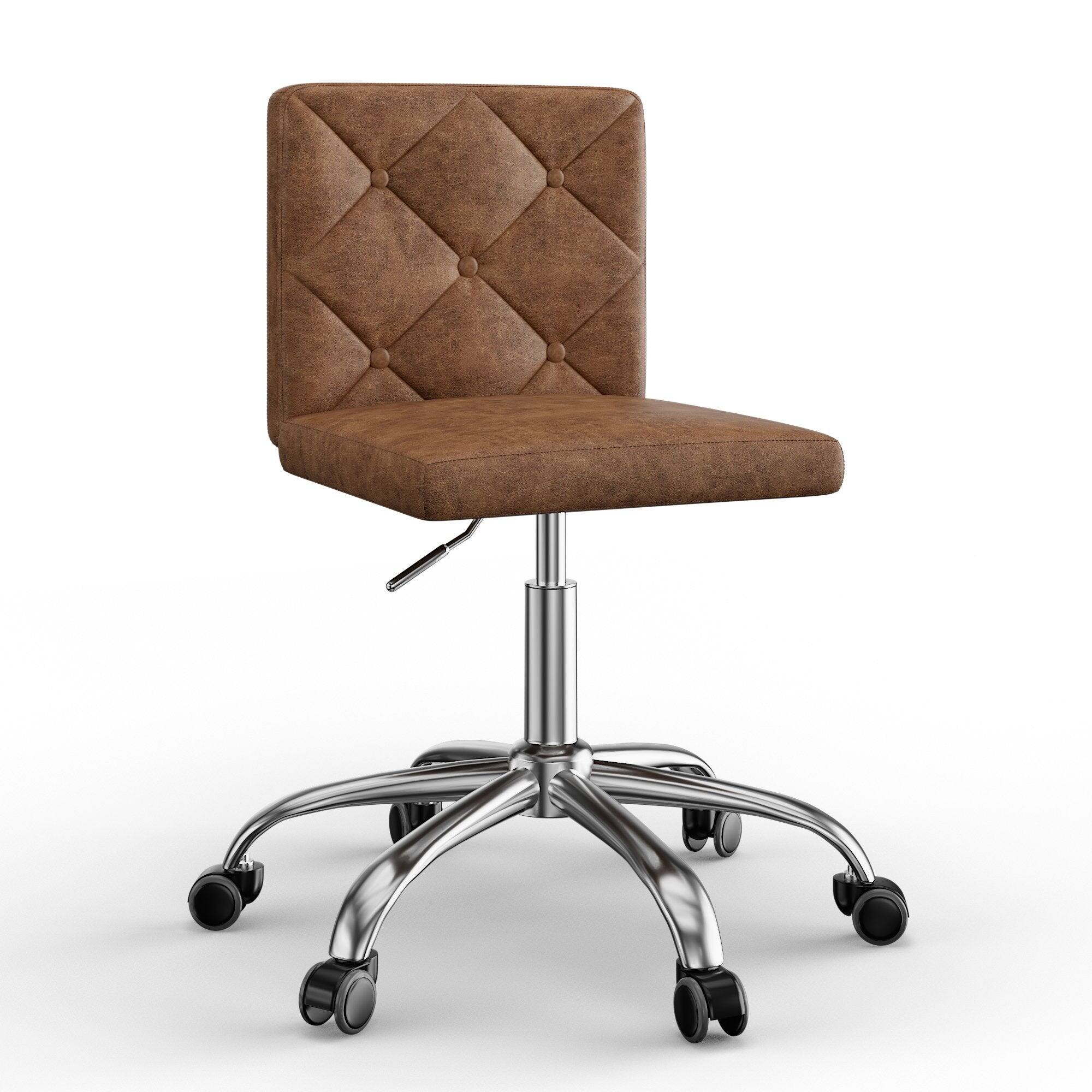 Front. Vecelo - Brown PU Leather Armless Office Chair - 28-32 Inch Adjustable Height Task Chair, Ergonomic Computer Chair with Wheels - Dark Brown.