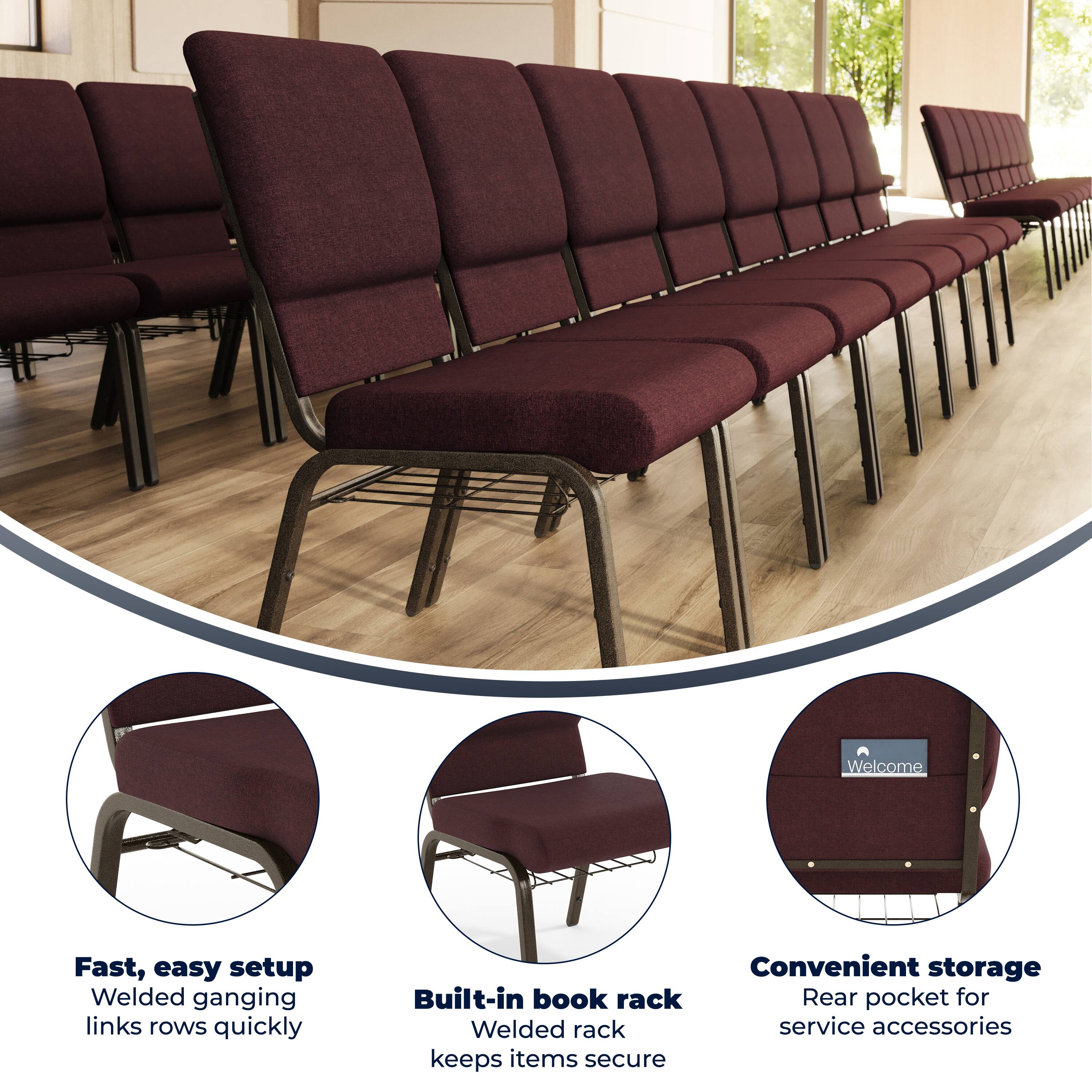 Welcome

Fast, easy setup  
Welded ganging links rows quickly

Convenient storage  
Built-in book rack  
Rear pocket for service accessories keeps items secure