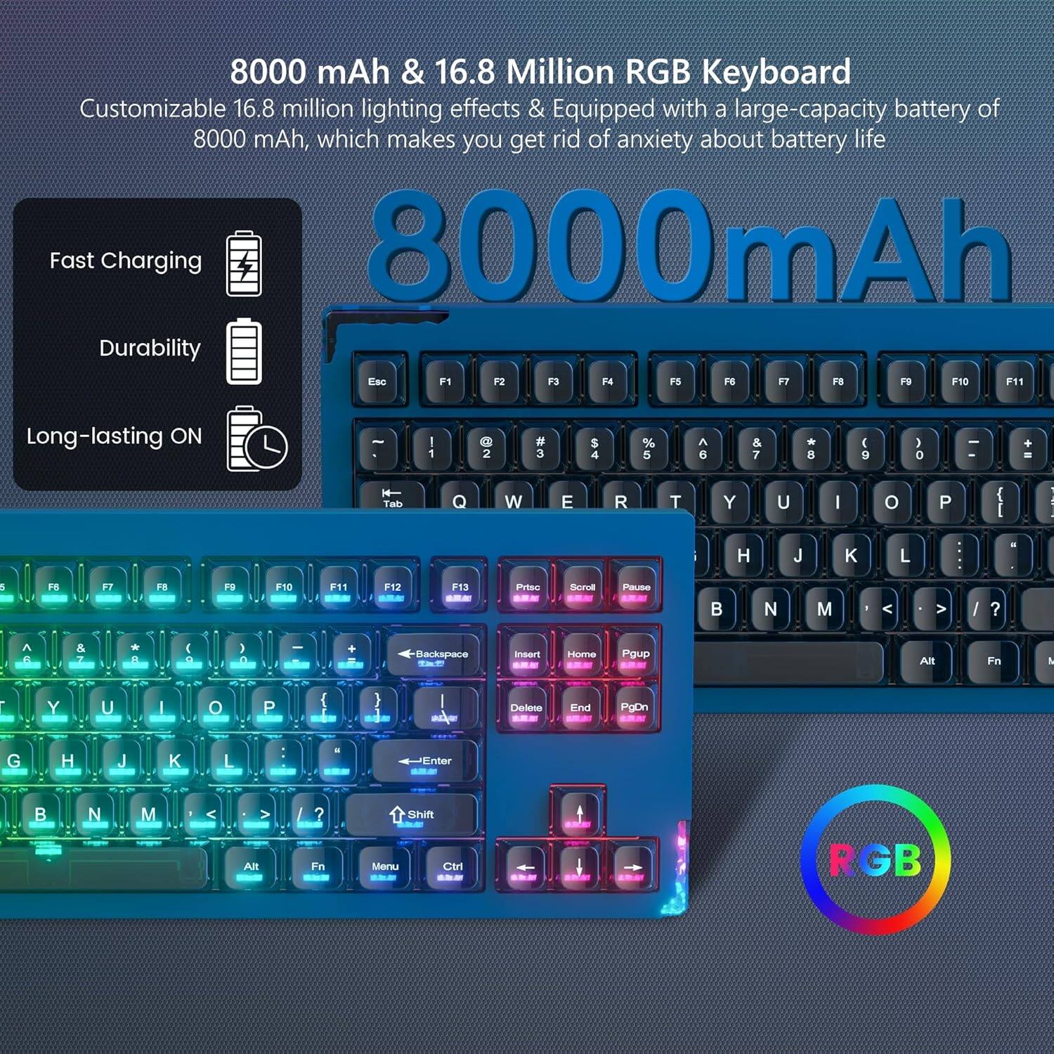 8000 mAh & 16.8 Million RGB Keyboard

Customizable 16.8 million lighting effects & Equipped with a large-capacity battery of 8000 mAh, which makes you get rid of anxiety about battery life

Fast Charging
Durability
Long-lasting ON

8000mAh

RGB