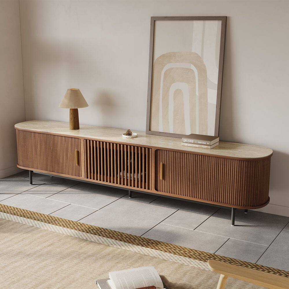 Front. POVISON - 94"Mid-Century Modern Sintered Stone Tabletop TV Stand - Walnut with Sintered Stone.