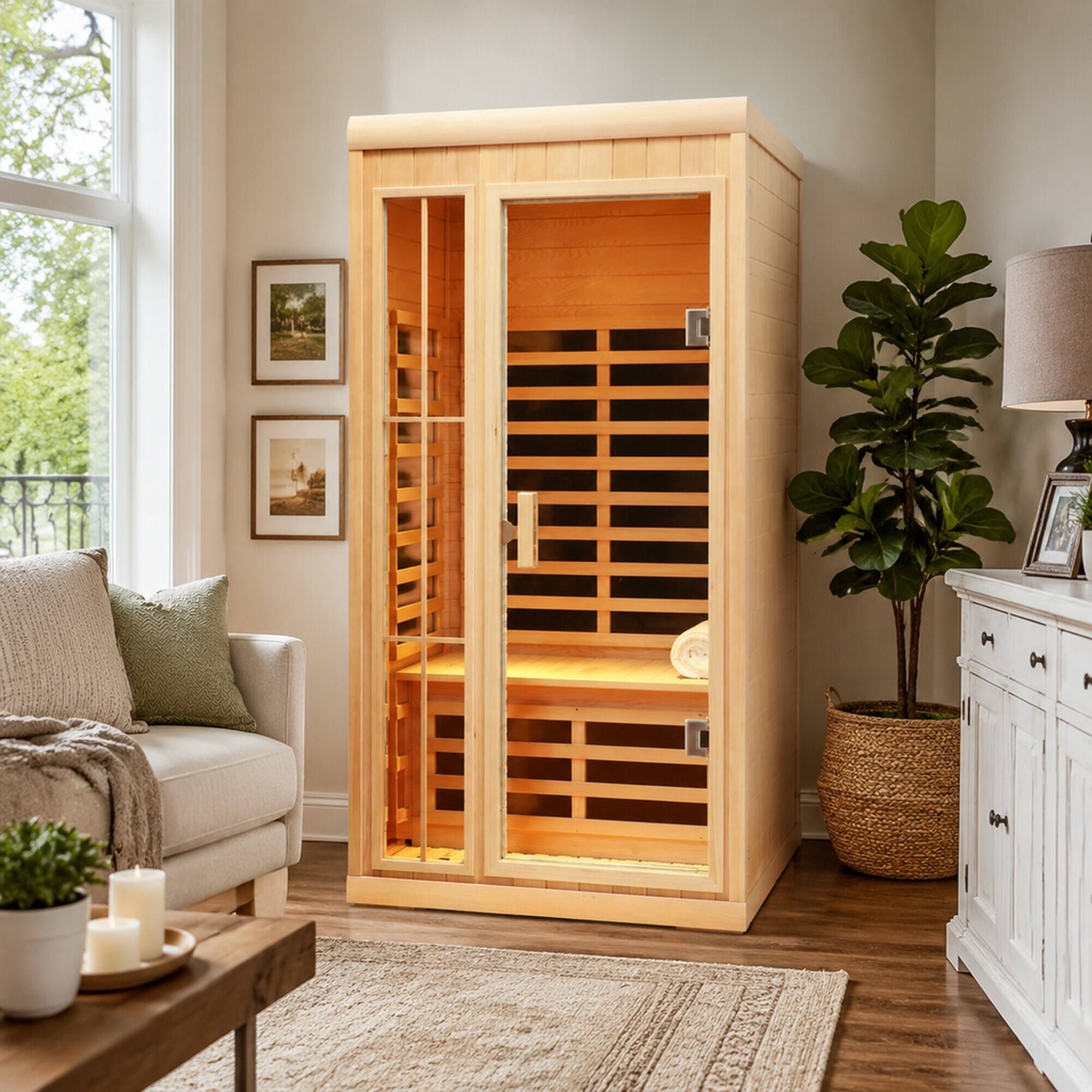 Alt View 1. RYHNUYNE - Far Infrared Hemlock Sauna Room, 1 Person, 7 Heating Panels, 1350W, LED Lights, Bluetooth, APP Control - Natural.