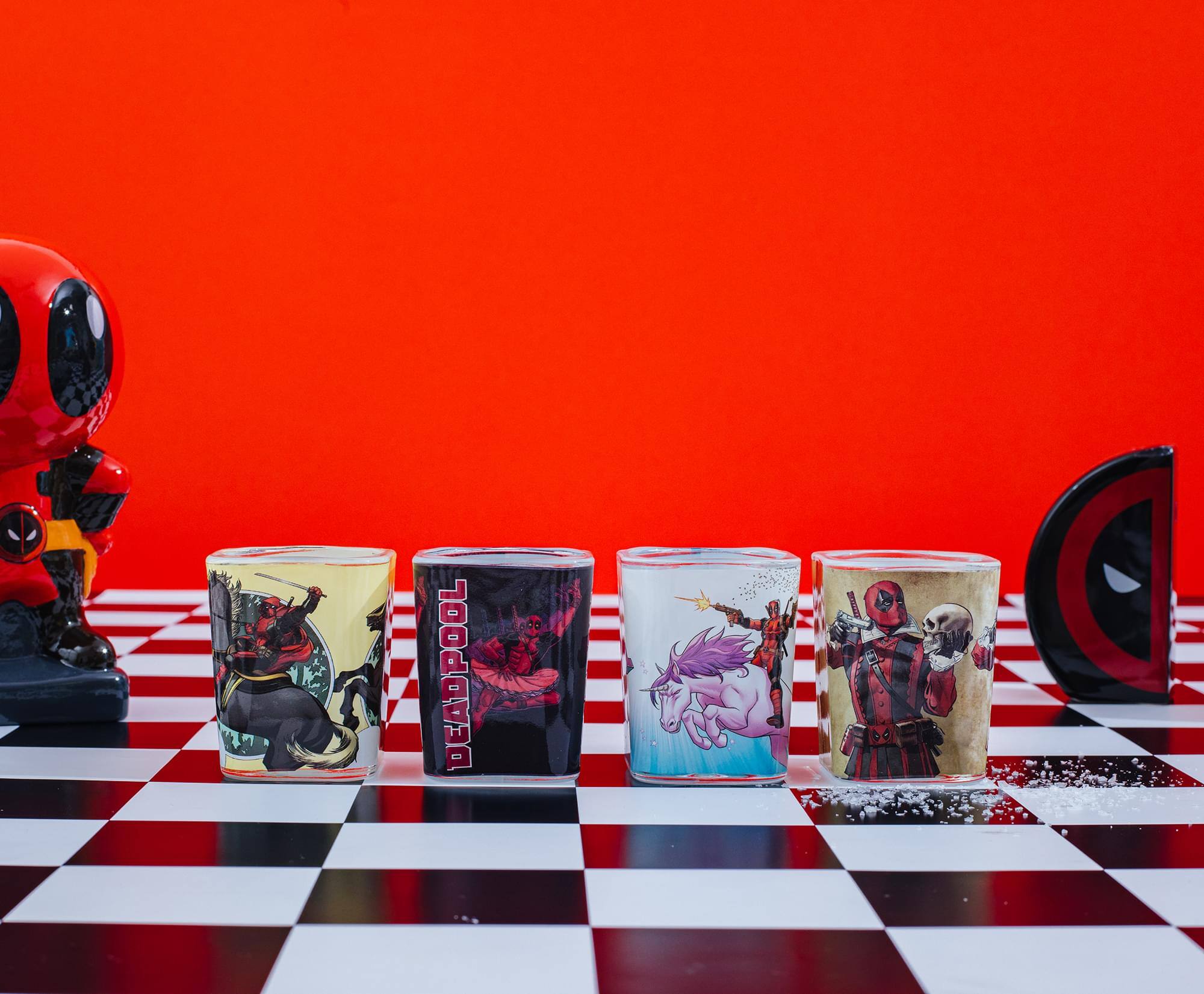 Alt View 1. Marvel - Marvel Deadpool 2-Ounce Mini Shot Glasses | Set of 4 - Multicolored.