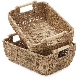 Casafield - Hyacinth Seagrass Oval Storage Baskets with Wooden Handles - Woven Bins - Natural - Seagrass
