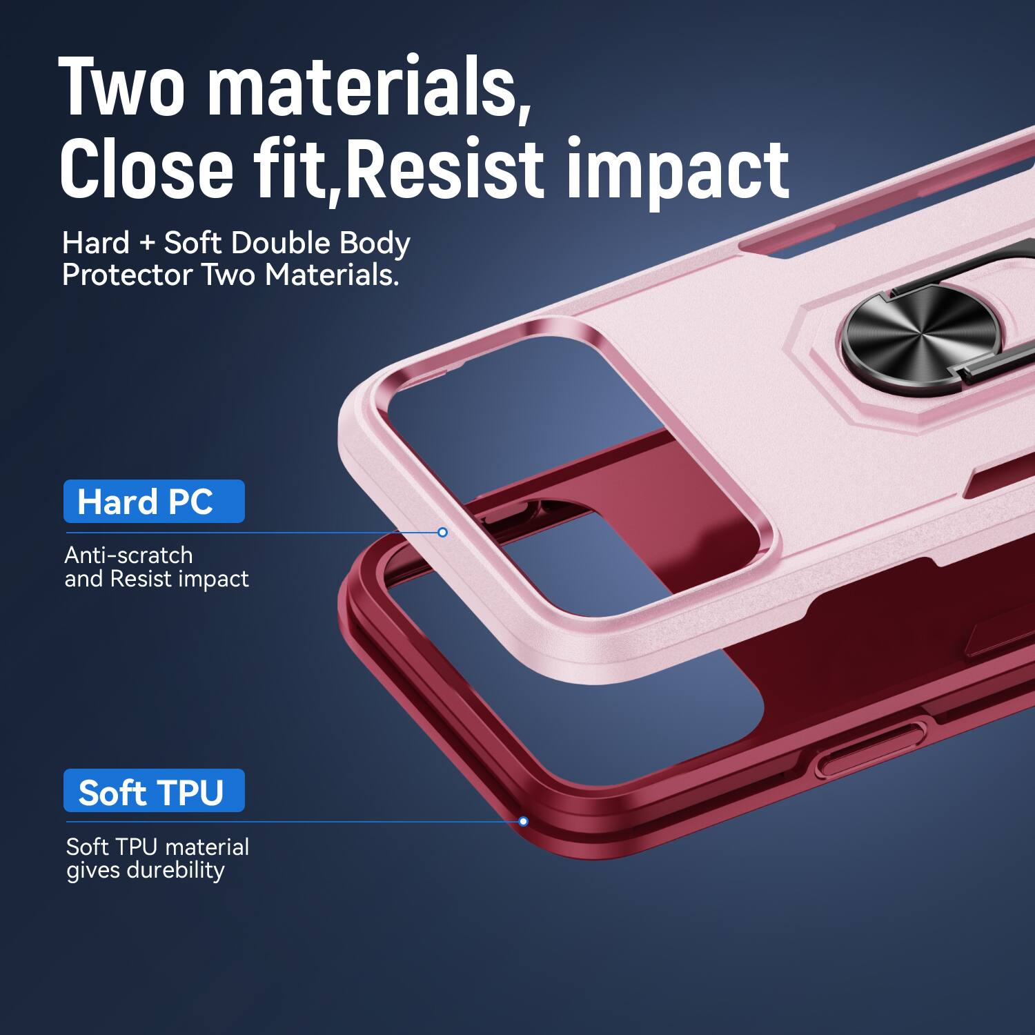 Two materials, Close fit, Resist impact  
Hard + Soft Double Body Protector Two Materials.  
Hard PC  
Anti-scratch and Resist impact  
Soft TPU  
Soft TPU material gives durability