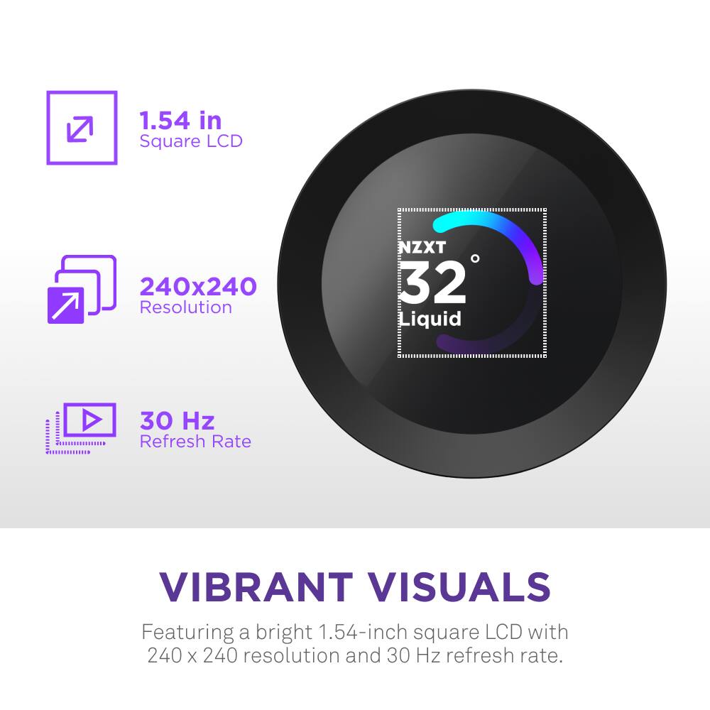 The text on the image is grouped and corrected as follows:

1.54 in Square LCD: Featuring a bright 1.54-inch square LCD with 240 X 240 resolution and 30 Hz refresh rate.