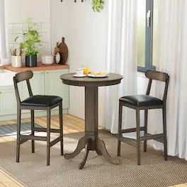 Costway - 3 PCS Wood Bar Table Set with Pedestal Base, 2 Armless Stools, Padded Seat, Backrest - Oak Gray + Black