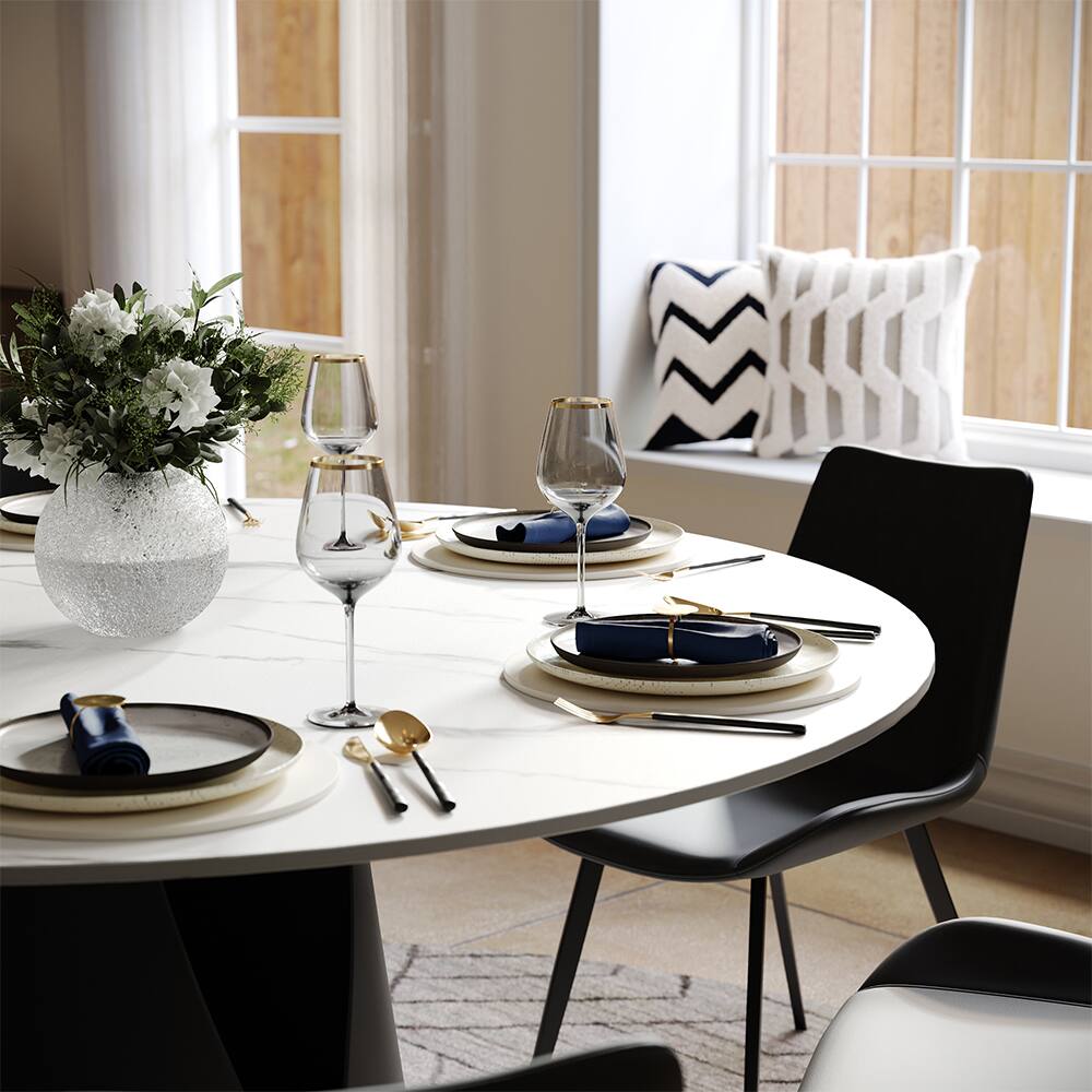Alt View 4. POVISON - 59" Modern Round White Dining Table for 6, Matte Sintered Stone Tabletop, Solid Black Carbon Steel Base - Matte White Sintered Stone & Black Steel Base.