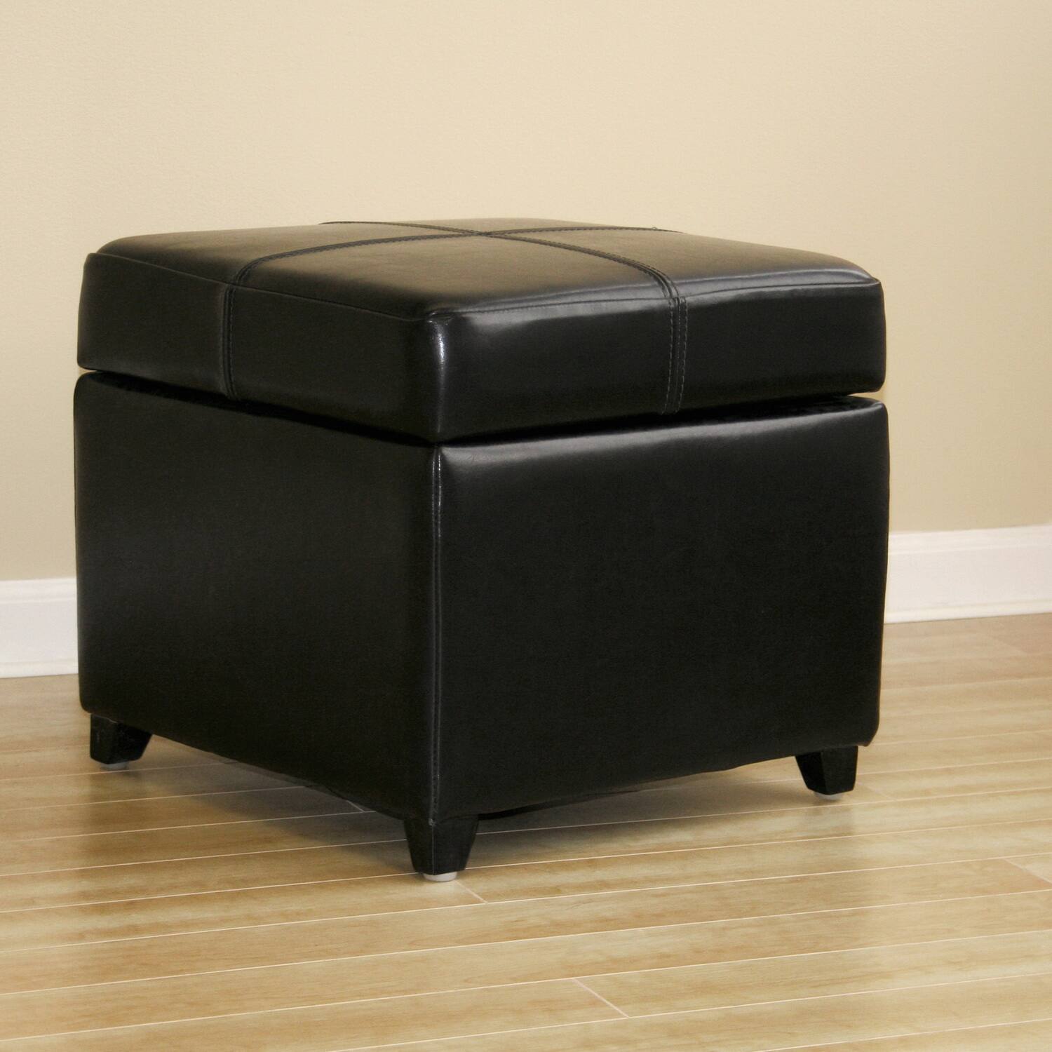 Front. Baxton Studio - Full Leather Storage Cube Ottoman - Black.