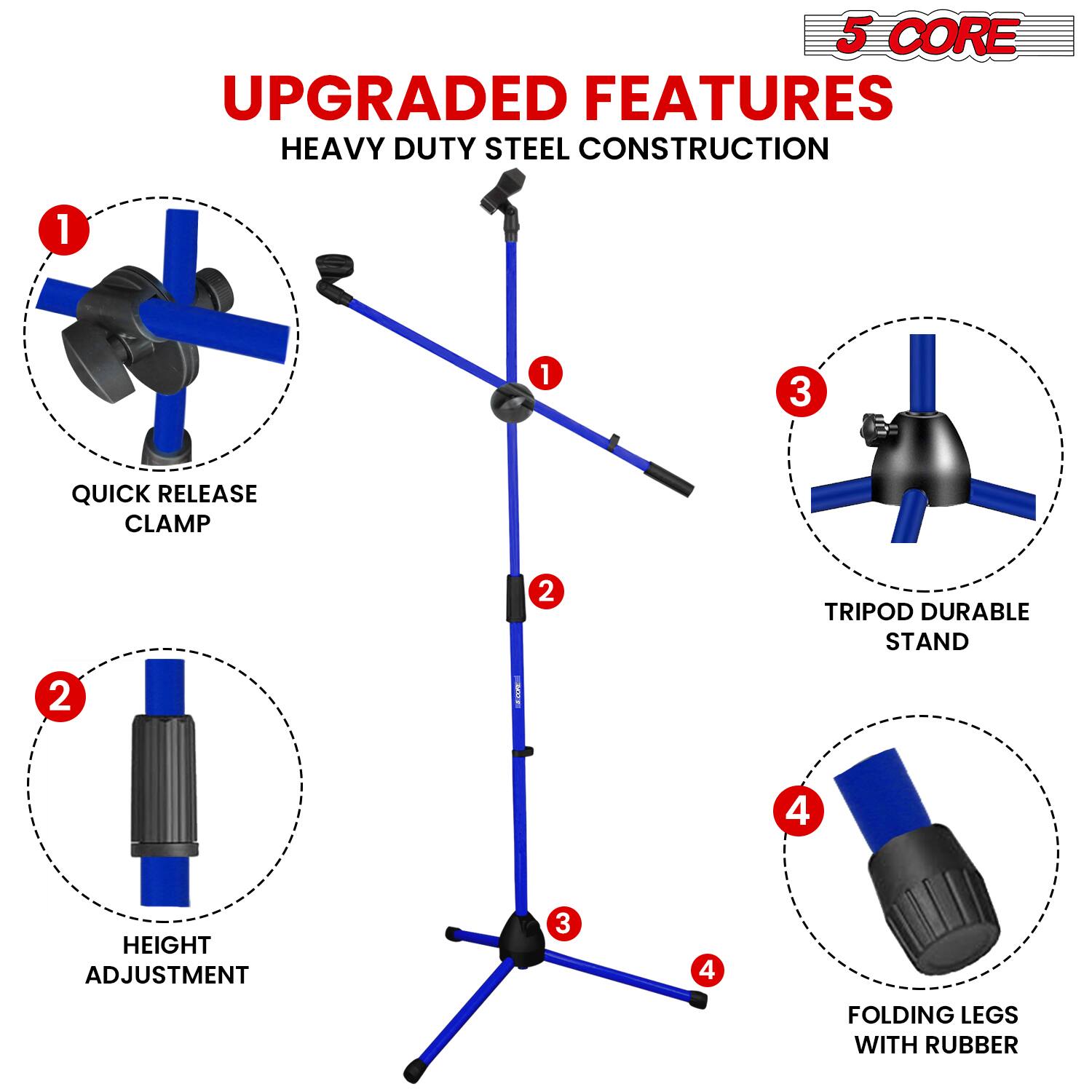 5 CORE UPGRADED FEATURES  
HEAVY DUTY STEEL CONSTRUCTION  
1. QUICK RELEASE CLAMP  
2. HEIGHT ADJUSTMENT  
3. TRIPOD DURABLE STAND  
4. FOLDING LEGS WITH RUBBER