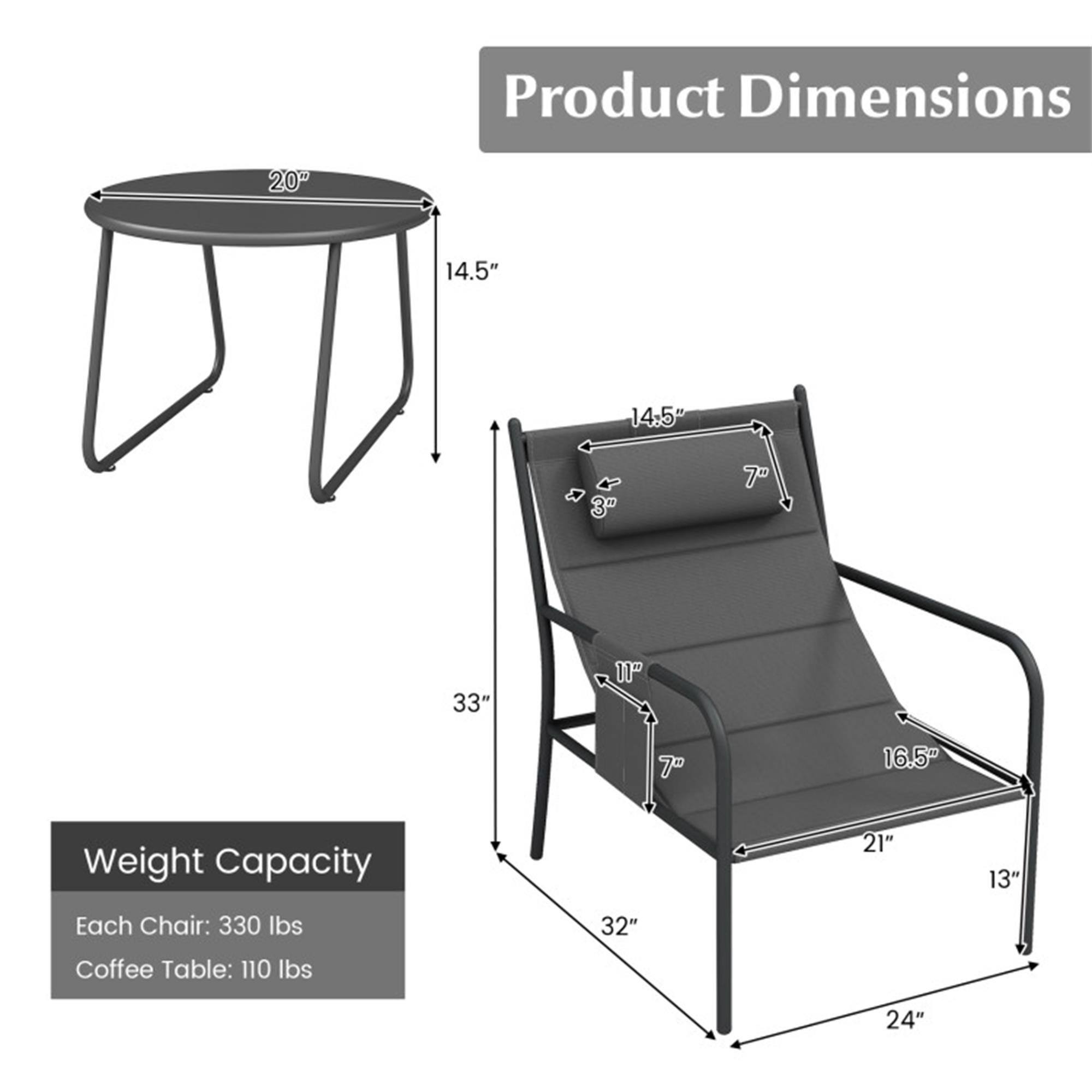 Product Dimensions  
- Table: 20" diameter, 14.5" height  
- Chair: 32" width, 24" depth, 33" height, 16.5" seat width, 14.5" seat depth, 7" armrest height  
- Coffee Table: 21" width, 13" height  

Weight Capacity  
- Each Chair: 330 lbs  
- Coffee Table: 110 lbs