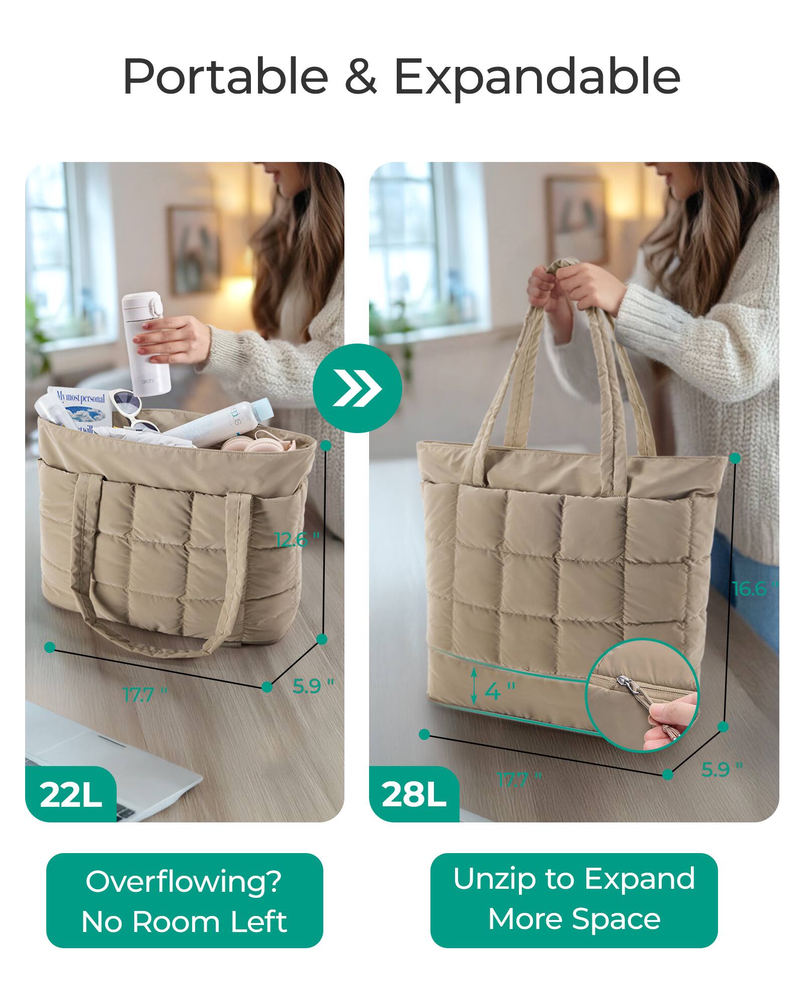 Portable & Expandable

16 motpersed 
adidas
8
12.6"
16.6
17.7"
5.9"
14"
22L
28L
17.7M
5.9"
Overflowing? No Room Left
Unzip to Expand More Space