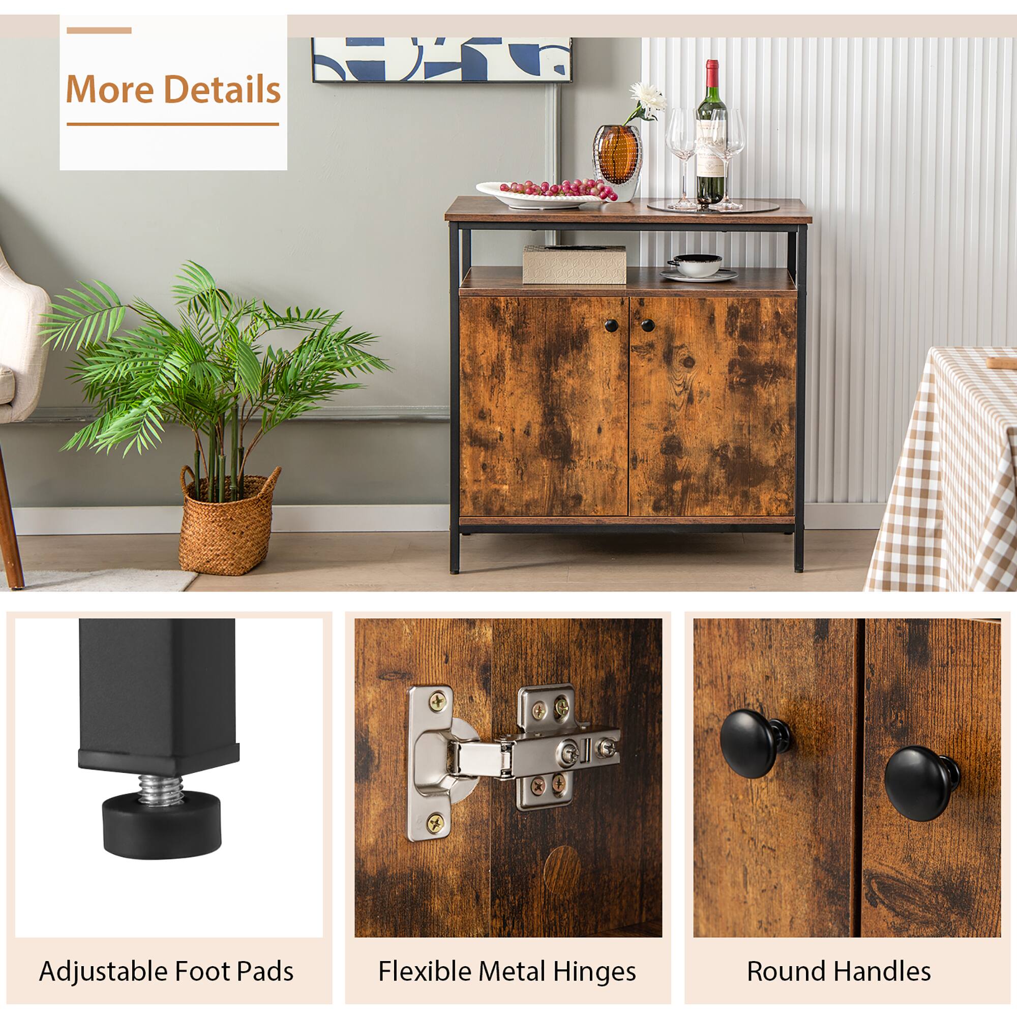 More Details: Adjustable Foot Pads, Flexible Metal Hinges, Round Handles.