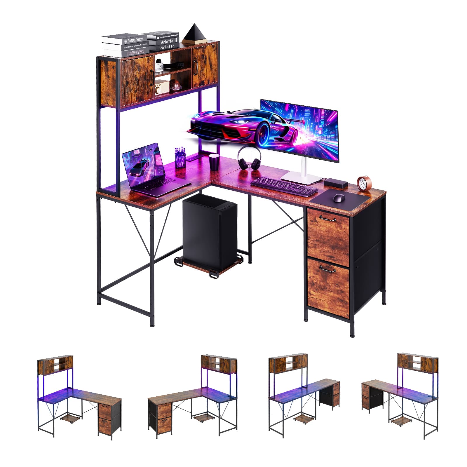 VEVOR - L-Shaped Gaming Desk with LED Lights, 62.2-inch Reversible Corner Computer Desk with Power Outlets, Movable CPU Stand - Brown