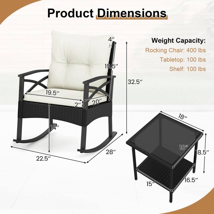 Product Dimensions:  
- Height: 4"  
- Width: 19.5"  
- Depth: 22.5"  
- Seat Height: 14"  
- Armrest Height: 19.5"  
- Back Height: 32.5"  
- Tabletop: 18" x 18.5"  
- Shelf: 15" x 16.5"  

Weight Capacity:  
- Rocking Chair: 400 lbs  
- Tabletop: 100 lbs  
- Shelf: 100 lbs