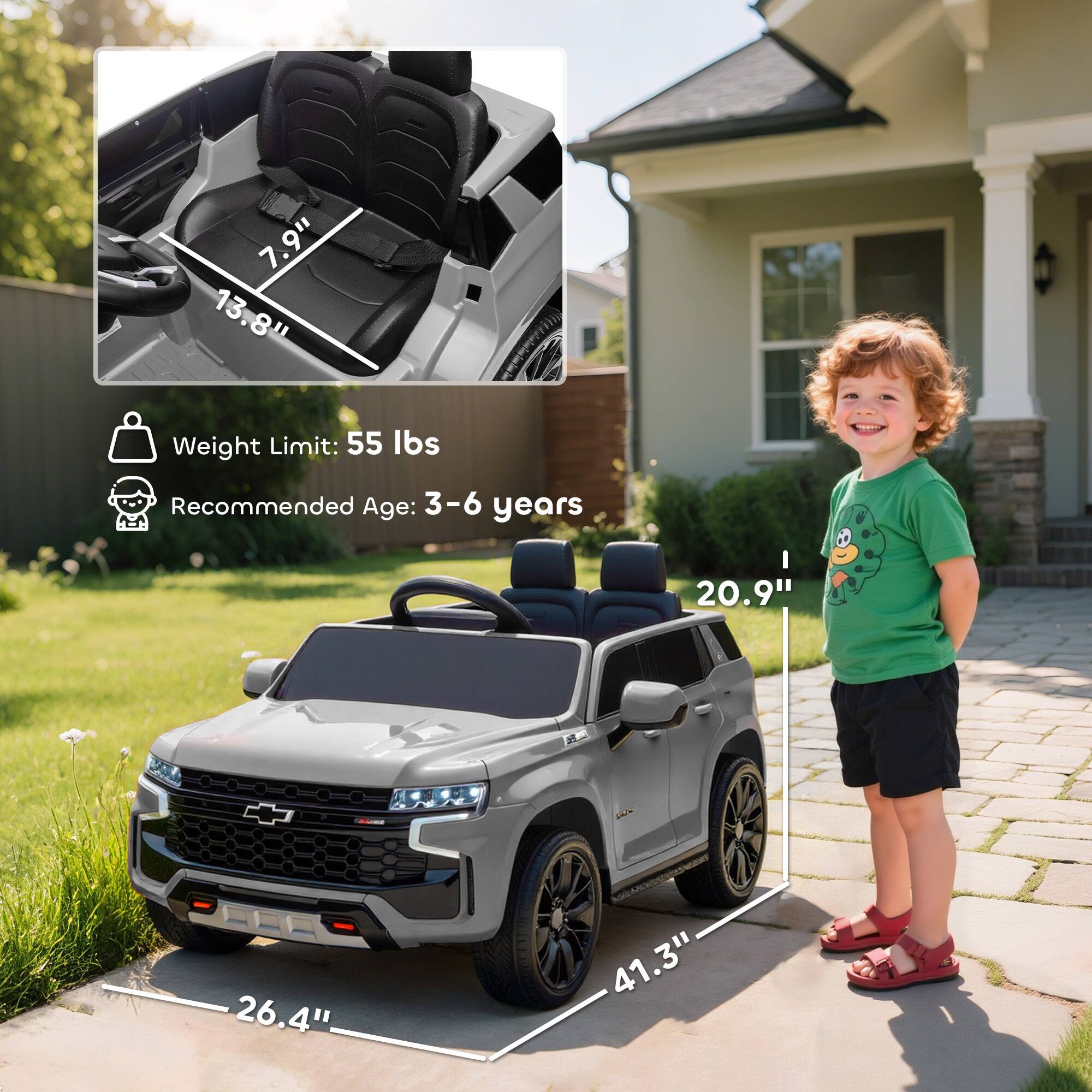 7.9" x 13.8"  
Weight Limit: 55 lbs  
Recommended Age: 3-6 years  
20.9" x 26.4" x 41.3"