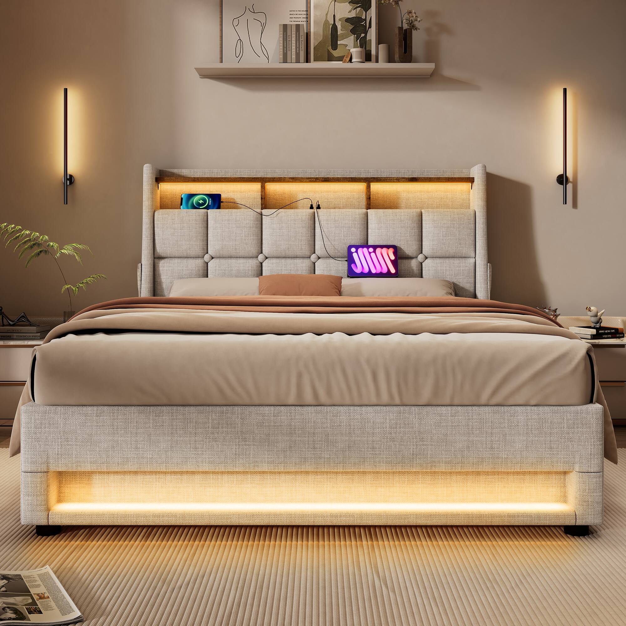 Alt View 1. Anysun - Queen Size Upholstered Platform Bed - Hydraulic Storage, LED, Charging Station, No Box Spring, Easy Assembly - Natural.