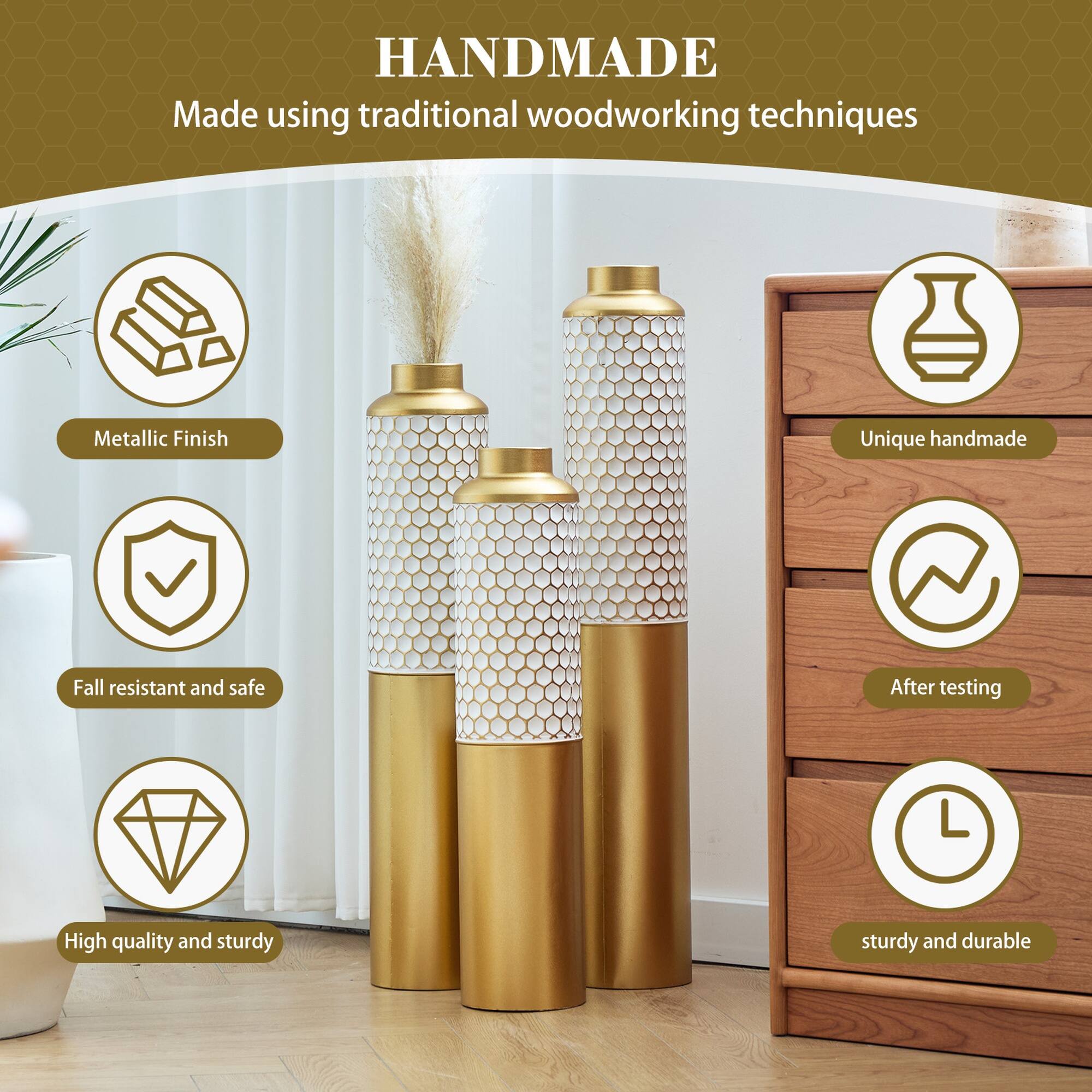 HANDMADE  
Made using traditional woodworking techniques  

Metallic Finish  
Unique handmade  
Fall resistant and safe  
After testing  
High quality and sturdy  
sturdy and durable