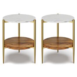 Simpli Home - Wagner 18 inch Round Marble & Wood Side Table (Set of 2) - White/Natural