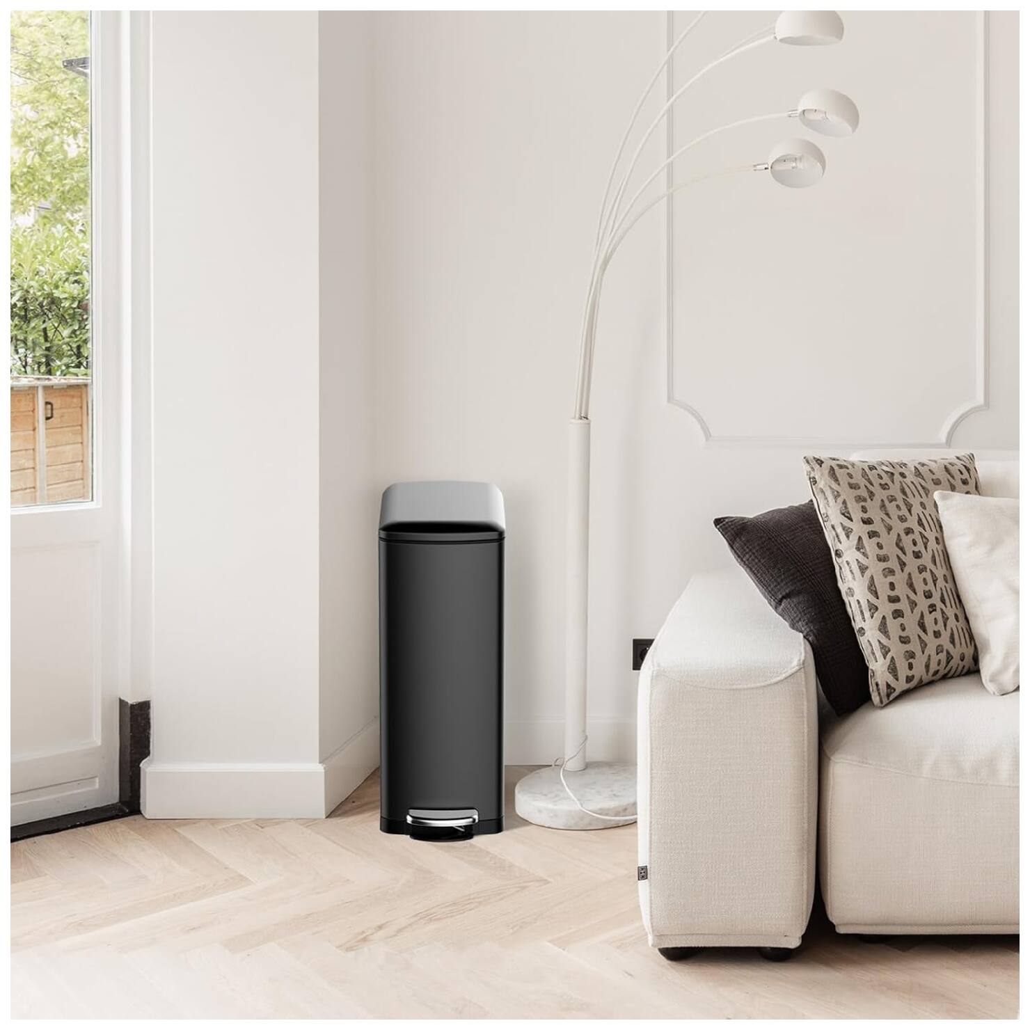 Angle. GARVEE - 30 L Kitchen Step Trash Can, 8 Gallon Narrow Stainless Steel Waste Bin with Soft-Close Lid, Rectangle Rubbish Bin - Black.