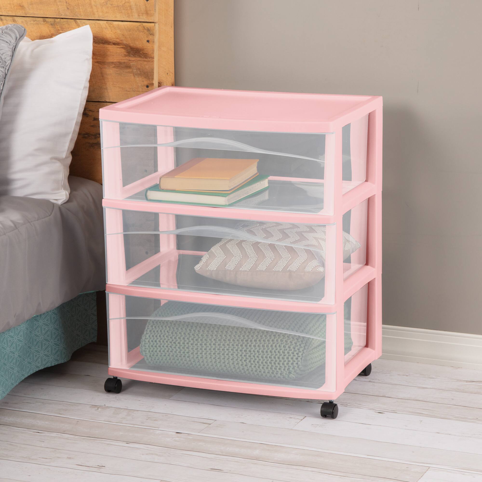 Alt View 3. Sterilite - Sterilite Wide 3 Drawer Storage Cart, Plastic Rolling Organization Cart, Pink - Pink.