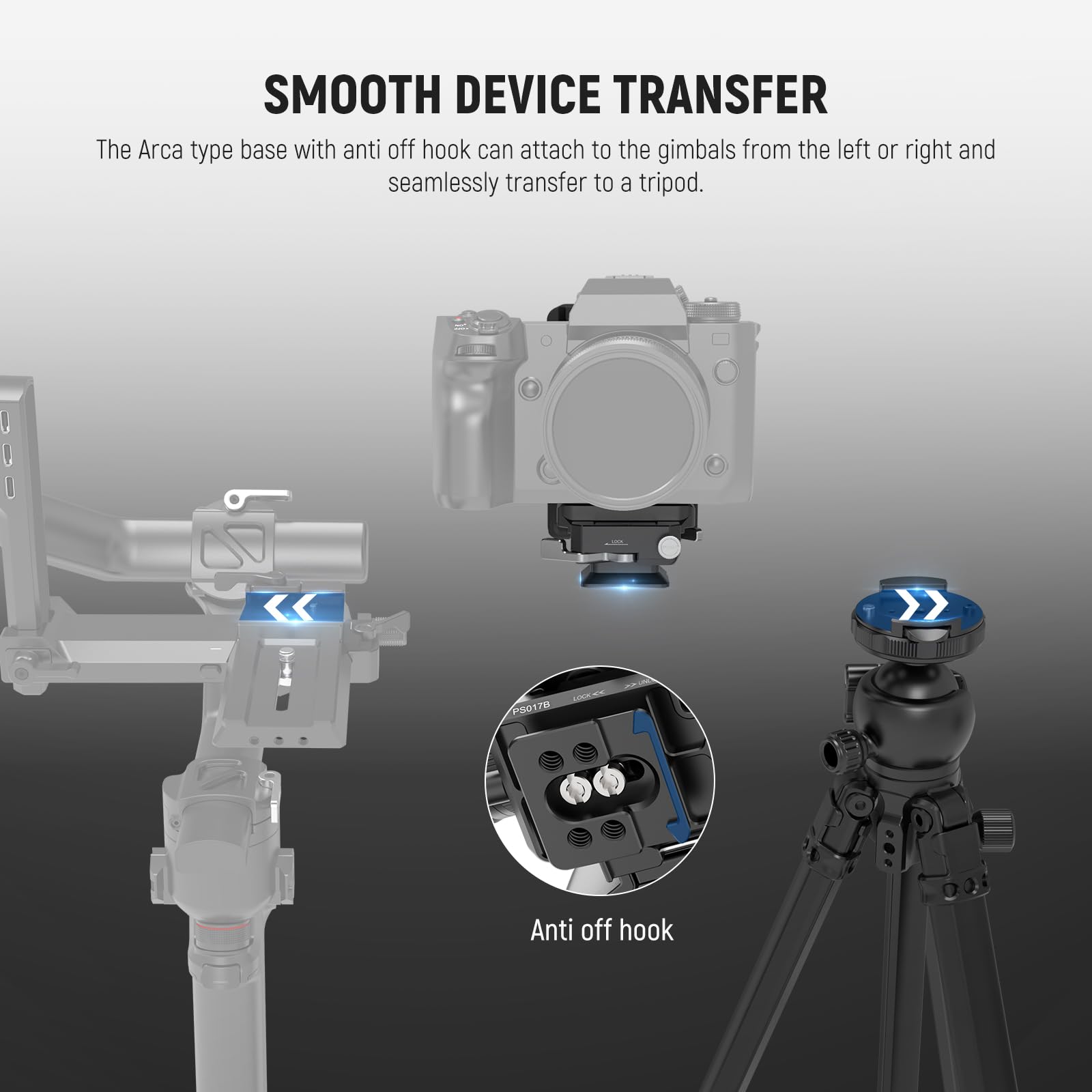SMOOTH DEVICE TRANSFER

The Arca type base with anti off hook can attach to the gimbals from the left or right and seamlessly transfer to a tripod.

Anti off hook