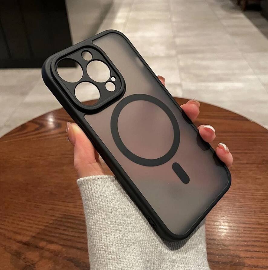 Angle. Gravity Ridge - Magnetic Phone Case for iPhone 12 Pro Max, Compatible with MagSafe Translucent Shockproof Phone Cover - Black.