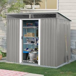 Loheer - 8x6 Metal Storage Shed Gray Outdoor Backyard Garden Tool Shed with Lockable Sliding Doors and Transparent Panel