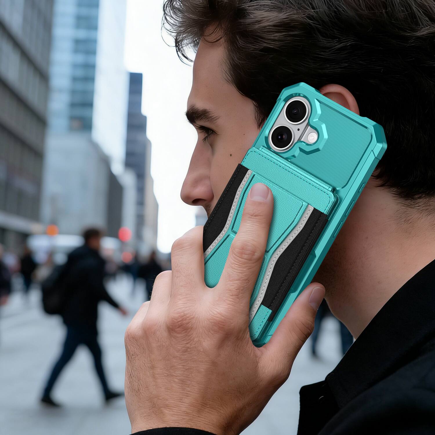 Alt View 2. Dteck - Rugged Wallet Case for Apple iPhone 17, Shockproof Protective Cover with Elastic Card Holder and Kickstand - Green.