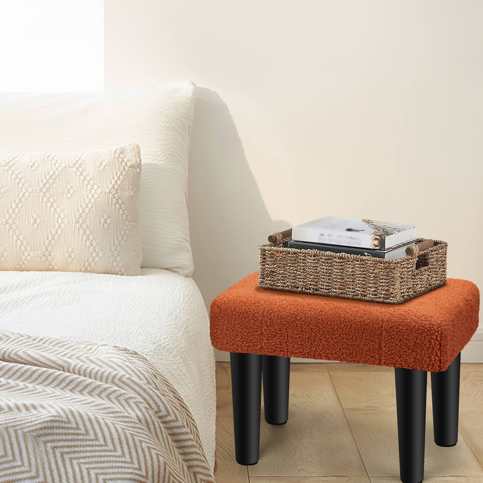 Alt View 2. Oumilen - Orange Tufted Teddy Fleece Foot Stool – 4 Black Wood Legs Mini Ottoman for Living Room Bedroom Vanity - Orange.