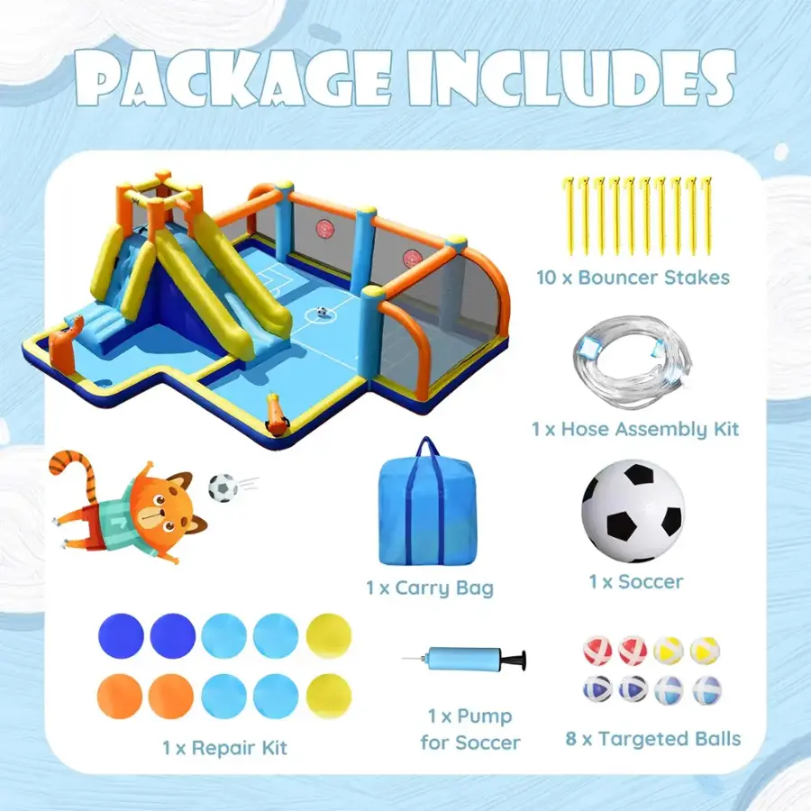 The image shows a package that includes 10 x Bouncer Stakes, 1 x Hose Assembly Kit, 1 x Carry Bag, 1 x Soccer, 1 x Repair Kit, 1 x Pump for Soccer, and 8 x Targeted Balls.