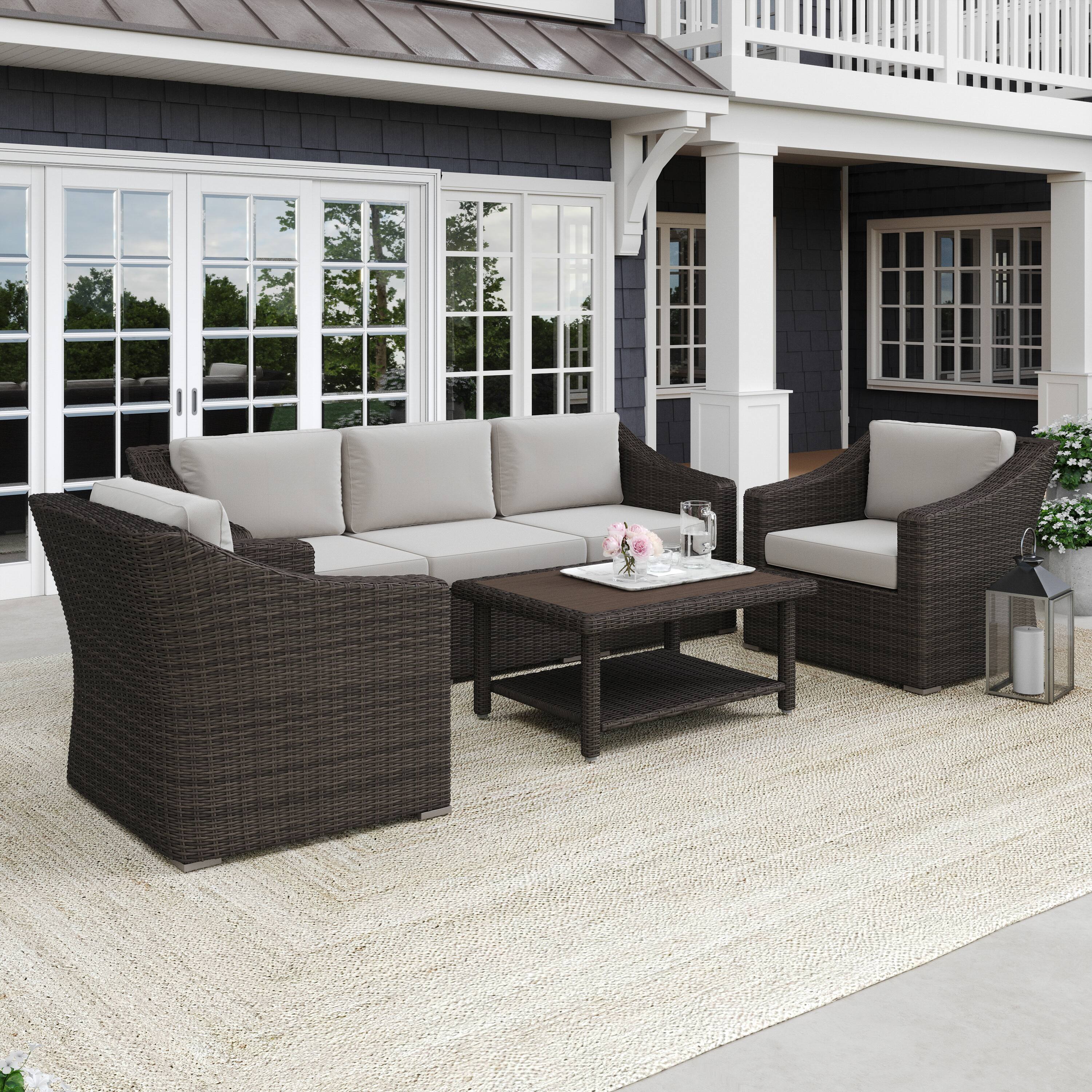 Alt View 5. Martha Stewart - Bedford 4pc Outdoor Rattan Wicker Patio Conversation Set with All-Weather Cushions - Tan Cushions/Brown Frame.