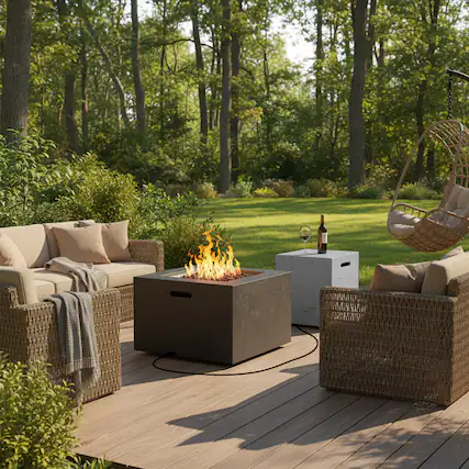 Front. Whisen - Outdoor 24" Square MGO Propane Fire Pit Table Set with Tank Cover, 40,000 BTU Patio Heater - Black|Grey.