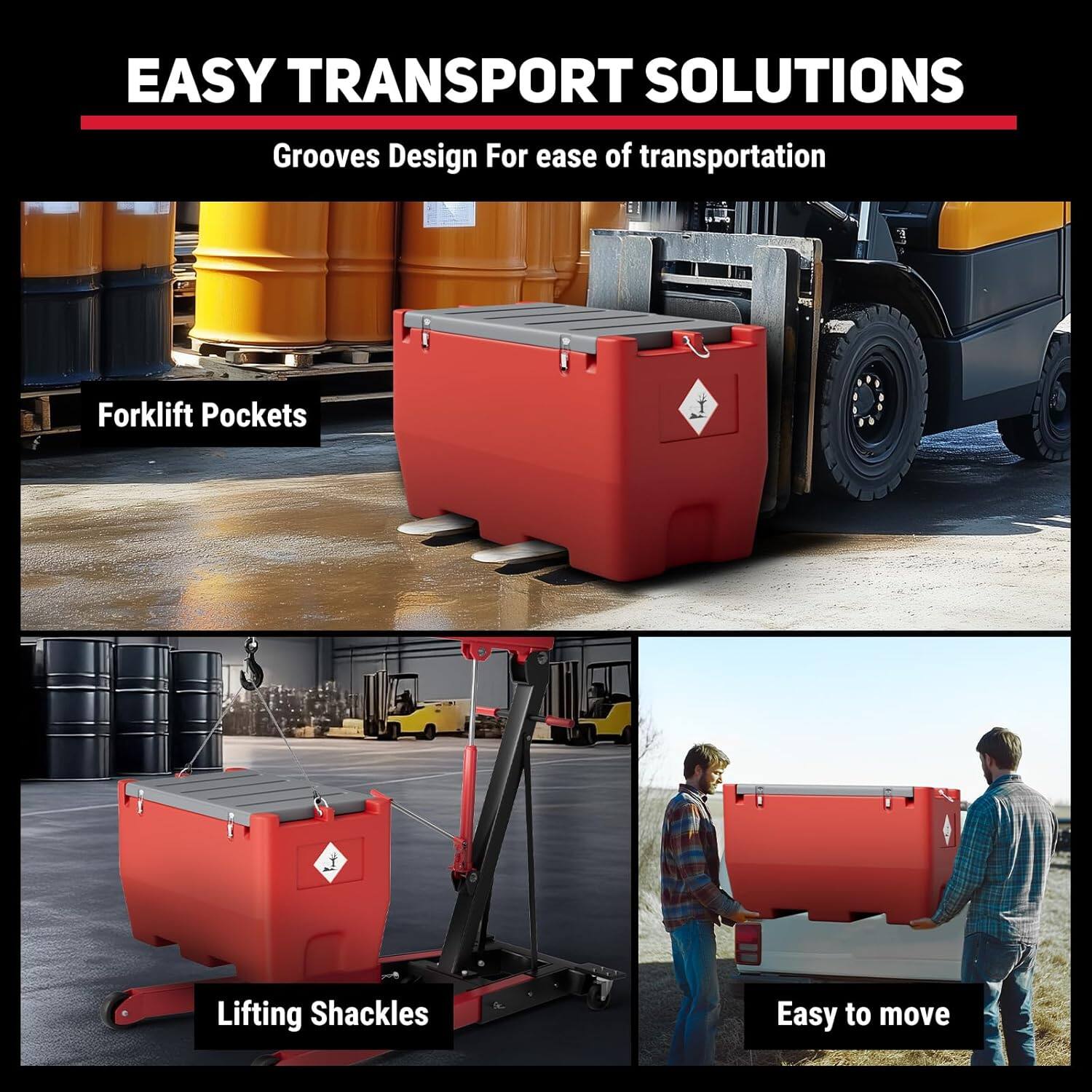EASY TRANSPORT SOLUTIONS

Grooves Design For ease of transportation

Forklift Pockets

Lifting Shackles

Easy to move