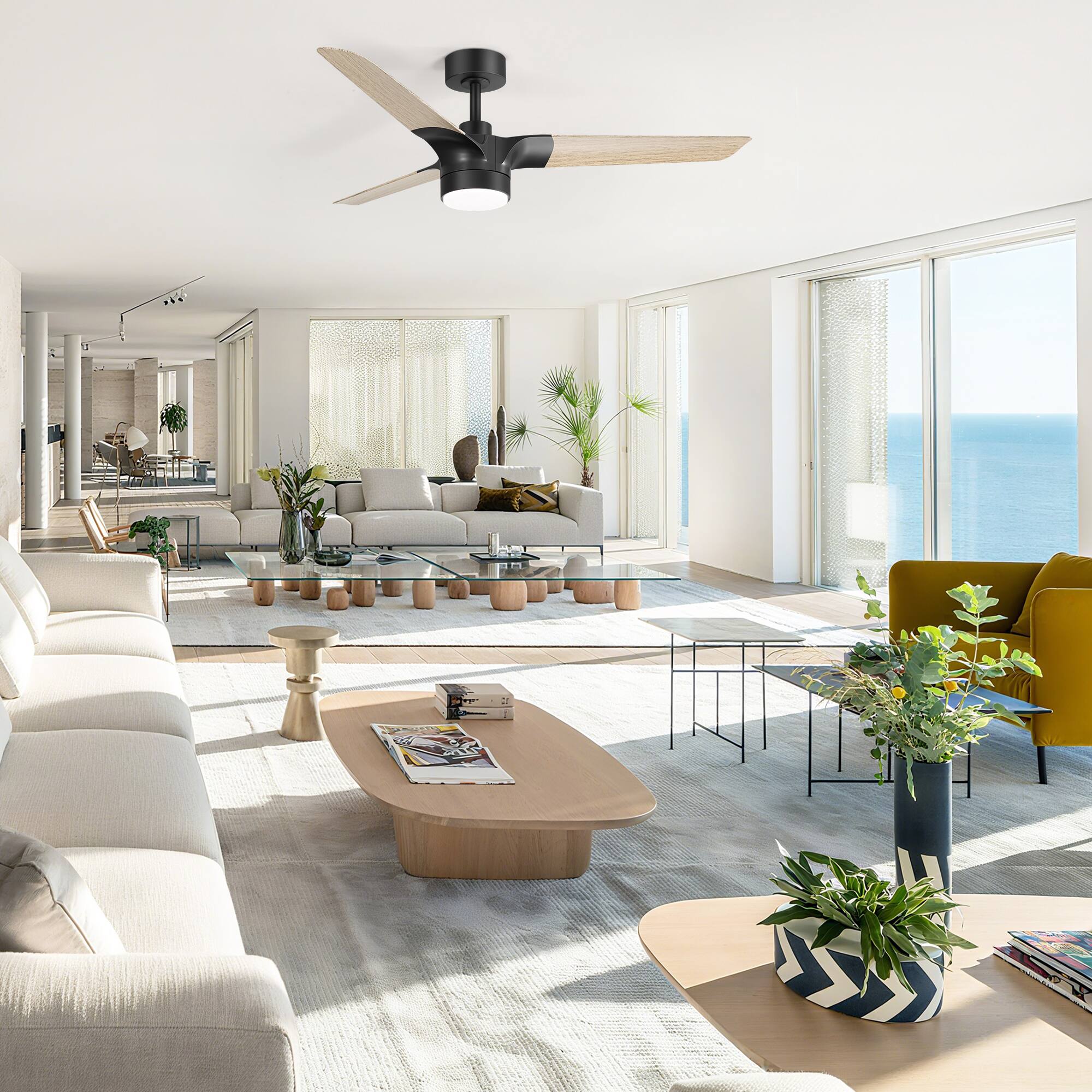 Alt View 2. Breezary - 52-In Vintage Ceiling Fan with 3 Dual-Finish Blades, 3-Color Light, DC Motor, 6-Speed Remote Control with Timer - Matte Black and Light Wood Grain.