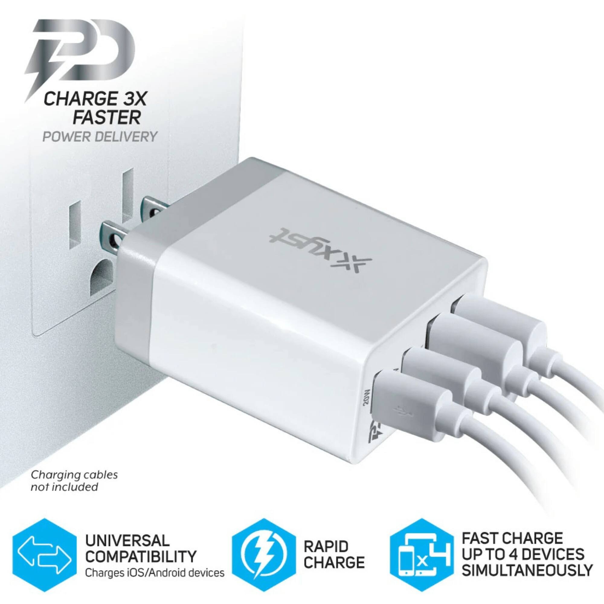 - CHARGE 3X FASTER POWER DELIVERY
- UNIVERSAL COMPATIBILITY Charges iOS/Android devices
- RAPID CHARGE
- FAST CHARGE UP TO 4 DEVICES SIMULTANEOUSLY
- Charging cables not included