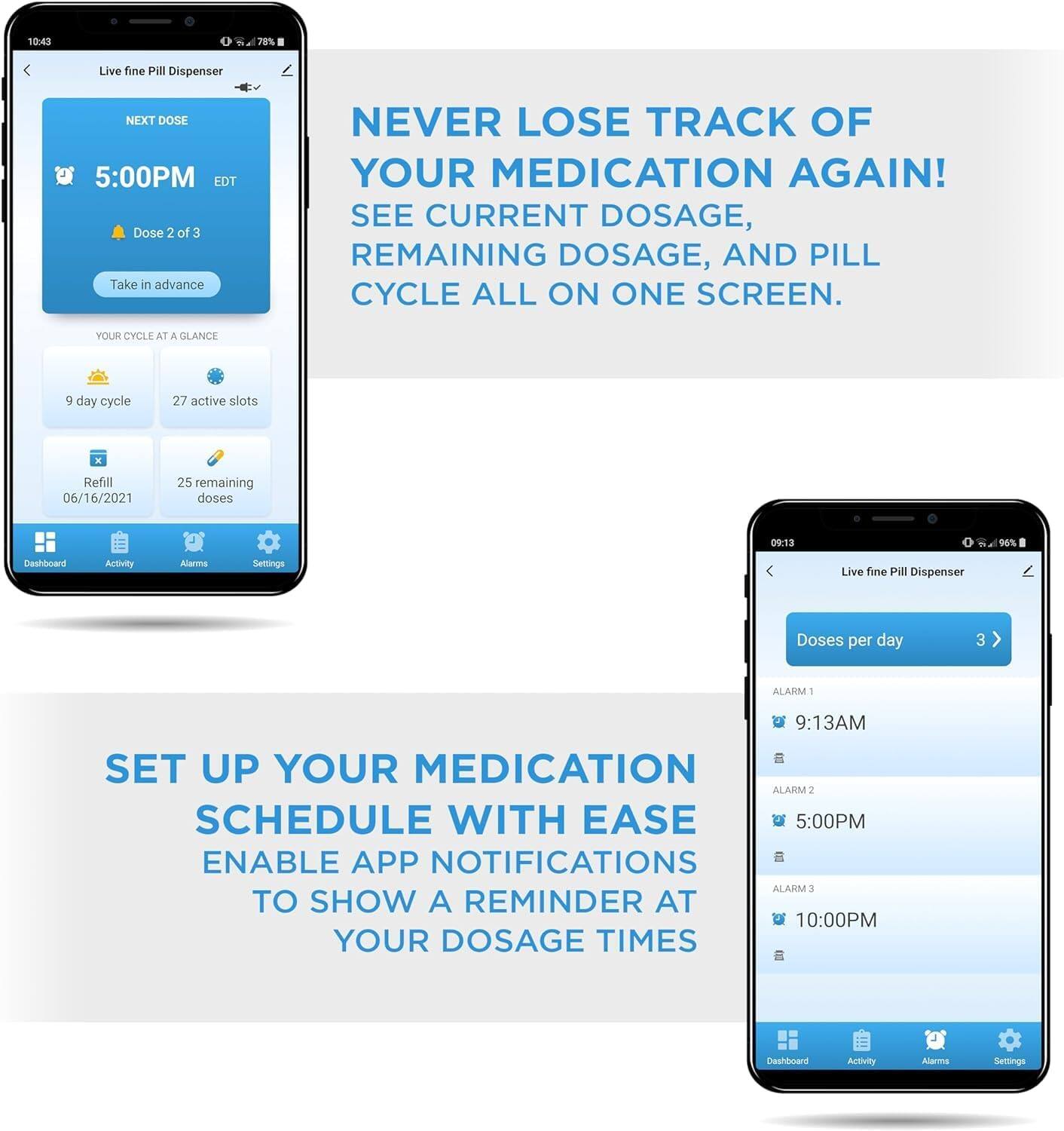 NEVER LOSE TRACK OF YOUR MEDICATION AGAIN! SEE CURRENT DOSAGE, REMAINING DOSAGE, AND PILL CYCLE ALL ON ONE SCREEN. SET UP YOUR MEDICATION SCHEDULE WITH EASE ENABLE APP NOTIFICATIONS TO SHOW A REMINDER AT YOUR DOSAGE TIMES. 10:43 78% Live fine PI Dispenser NEXT DOSE 5:00PM EDT Dose 2 of 3 Take in advance YOUR CYCLE AT A GLANCE 9 day cycle 27 active slots x Refill 06/16/2021 25 remaining doses 09.13 96% Dashliard Activity Alarms Settings Live fine Pill Dispenser Doses per day 3 ALARM I 9:13AM ALARM 2 5:00PM ALARM 3 10:00PM Dashliard Activity Alams Settings
