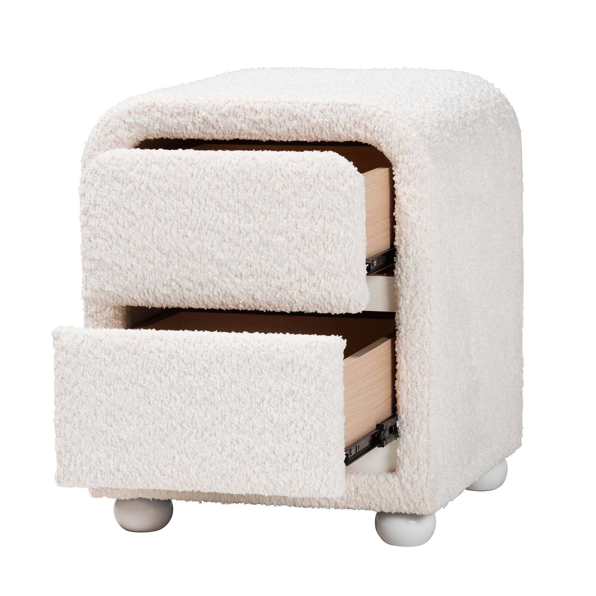 Angle. Baxton Studio - Bonilla Modern Teddy-Bear Fabric and Rubberwood 2-Drawer Nightstand - White.