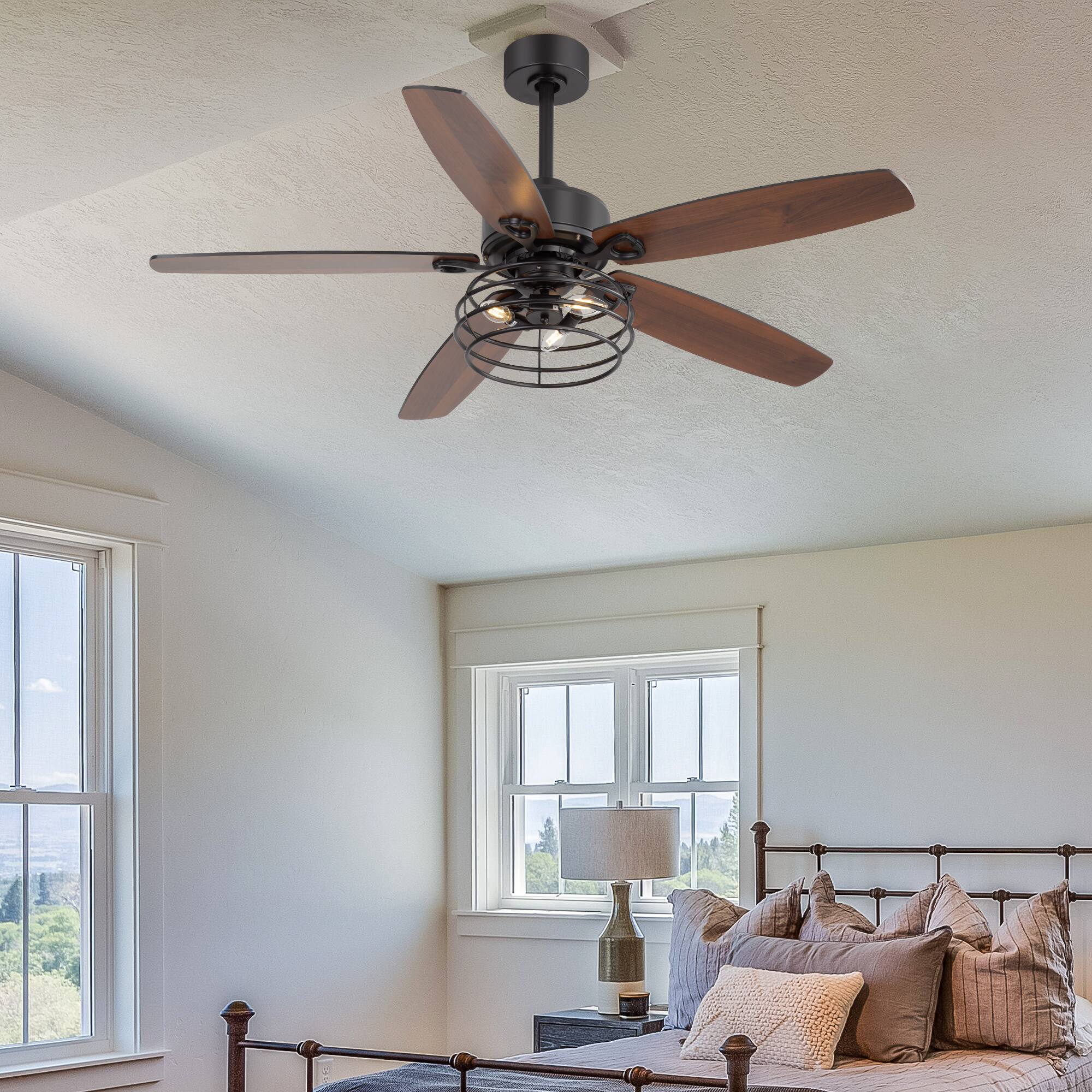Back. Breezary - 52" Indoor Ceiling Fan with 5 Plywood Blades, DC Motor, 5''/10'' Downrods, 6-Speed Remote Control with Timer - Matte Black.