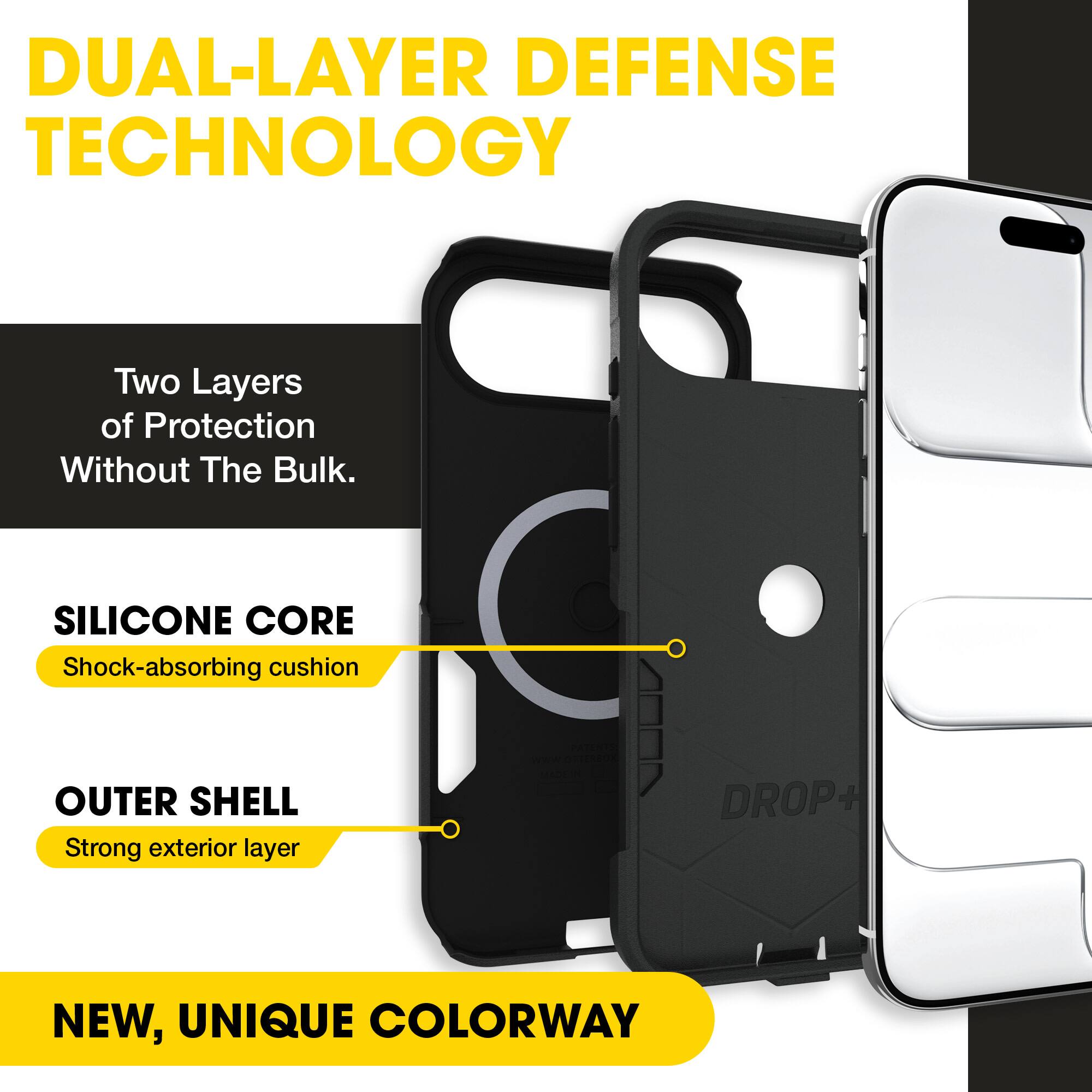 DUAL-LAYER DEFENSE TECHNOLOGY  
Two Layers of Protection Without The Bulk.  
SILICONE CORE  
Shock-absorbing cushion  
OUTER SHELL  
Strong exterior layer  
NEW, UNIQUE COLORWAY