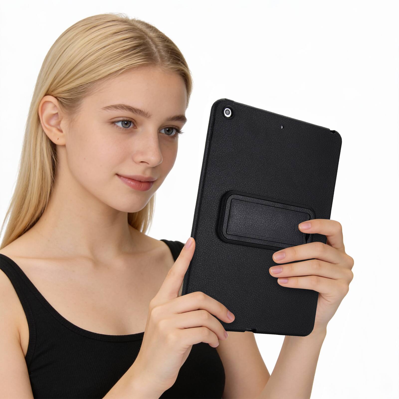Alt View 3. Dteck - Shockproof Case for Apple iPad (9th Generation) 10.2" 2021, Slim Leather Texture Protective Cover with Folding Kickstand - Black.
