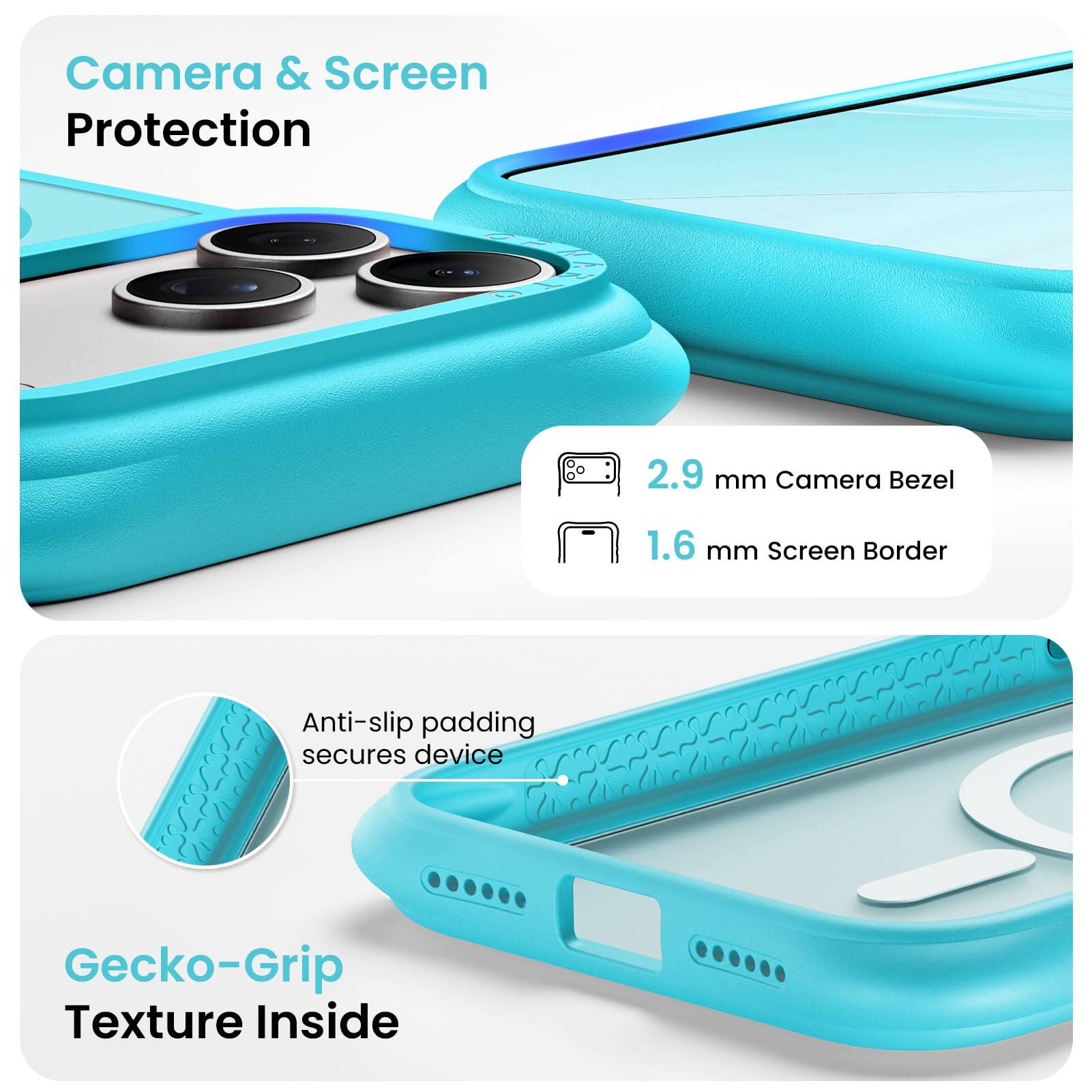 Camera & Screen Protection

2.9 mm Camera Bezel
1.6 mm Screen Border
Anti-slip padding secures device
Gecko-Grip Texture Inside