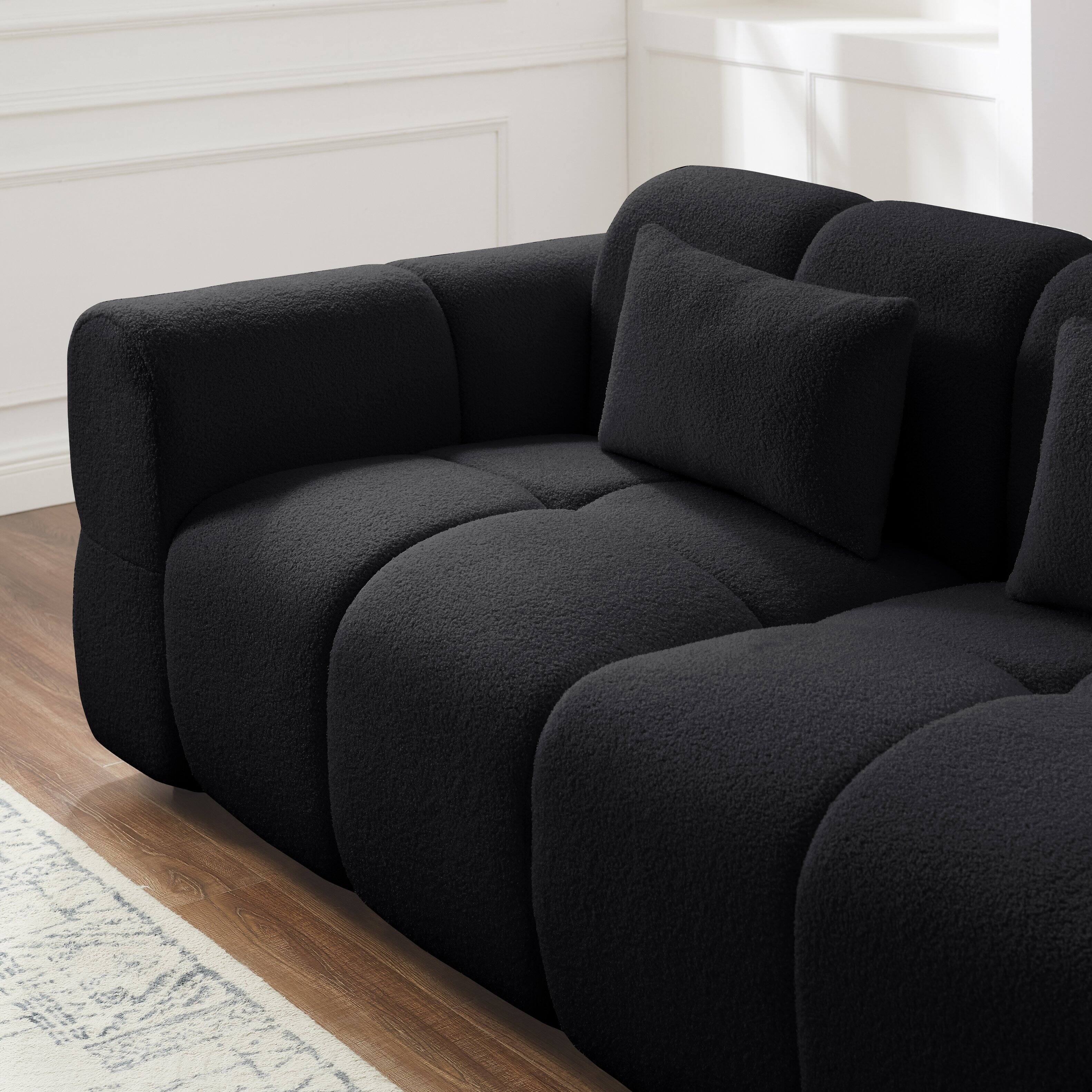 Back. Electra Tech Xpress - 80" Modern Sofa Couch, Comfy Deep Seat Teddy Cloud Sofa, Oversized Loveseat 3-Seater Boucle Couch - Black.