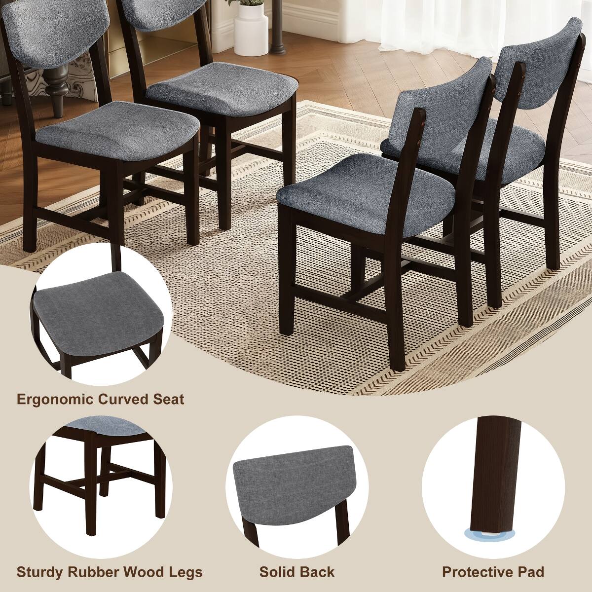 Ergonomic Curved Seat  
Sturdy Rubber Wood Legs  
Solid Back  
Protective Pad