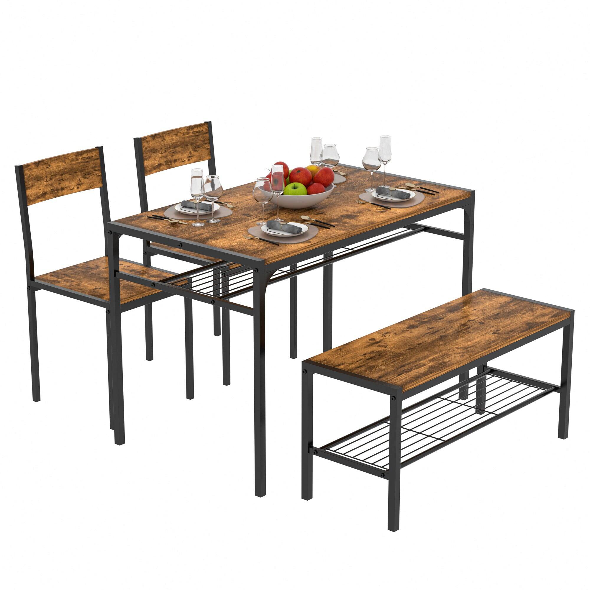Front. Vecelo - Industrial Modern Dining Table Set for 4 with Bench, Space-Saving Kitchen Table Set with Storage Racks - Set of 3.