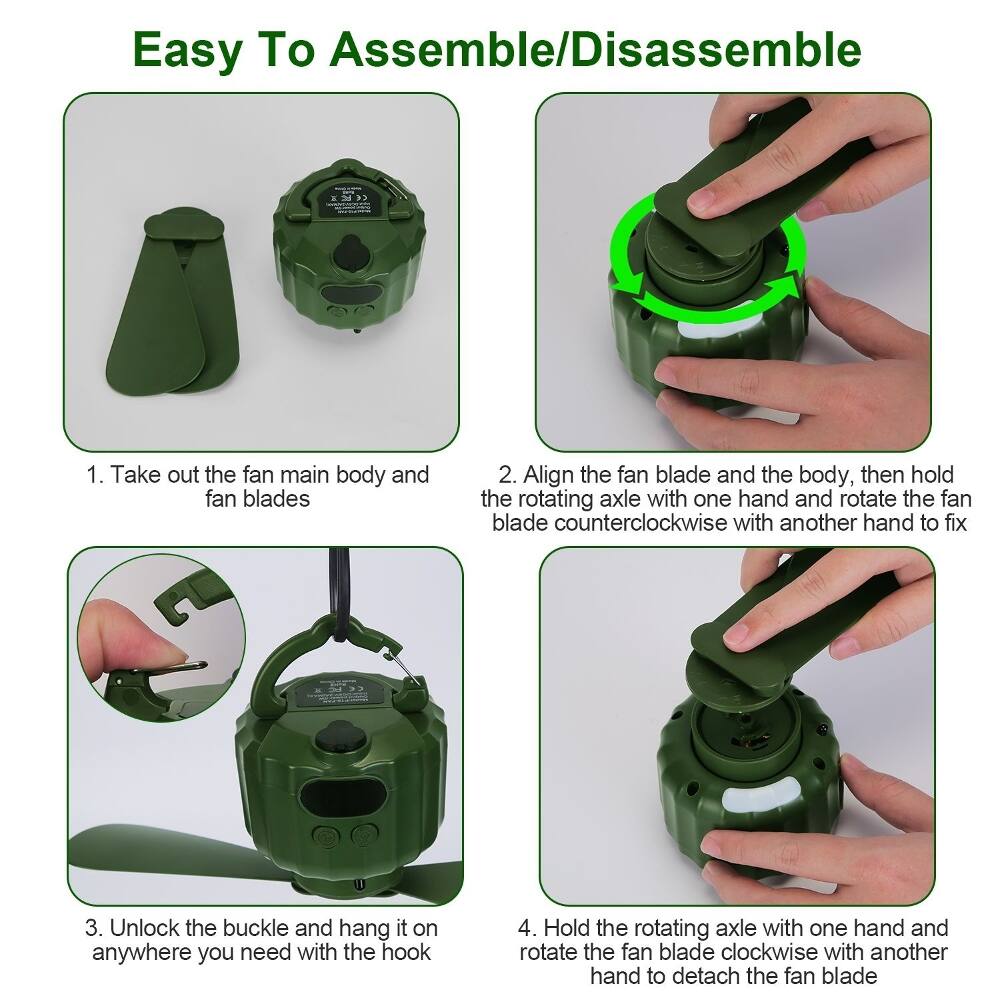 Easy To Assemble/Disassemble

1. Take out the fan main body and fan blades
2. Align the fan blade and the body, then hold the rotating axle with one hand and rotate the fan blade counterclockwise with another hand to fix
3. Unlock the buckle and hang it on anywhere you need with the hook
4. Hold the rotating axle with one hand and rotate the fan blade clockwise with another hand to detach the fan blade