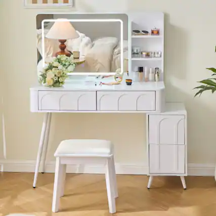 Front. LUCKY ONE - Modern Vanity Desk with 3-Color LED Mirror, 4 Drawers, Adjustable Side Cabinet and Stool for Bedroom - White.