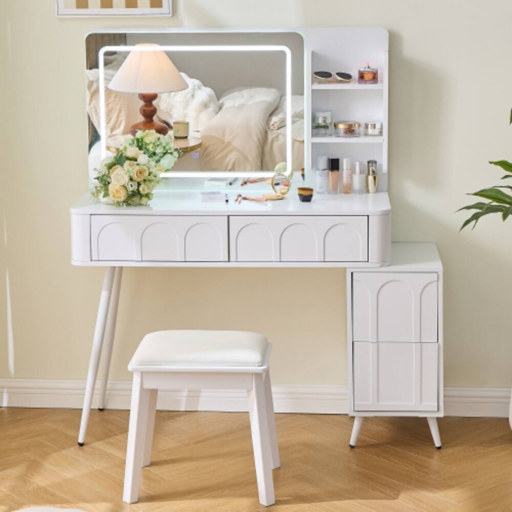 Front. LUCKY ONE - Modern Vanity Desk with 3-Color LED Mirror, 4 Drawers, Adjustable Side Cabinet and Stool for Bedroom - White.