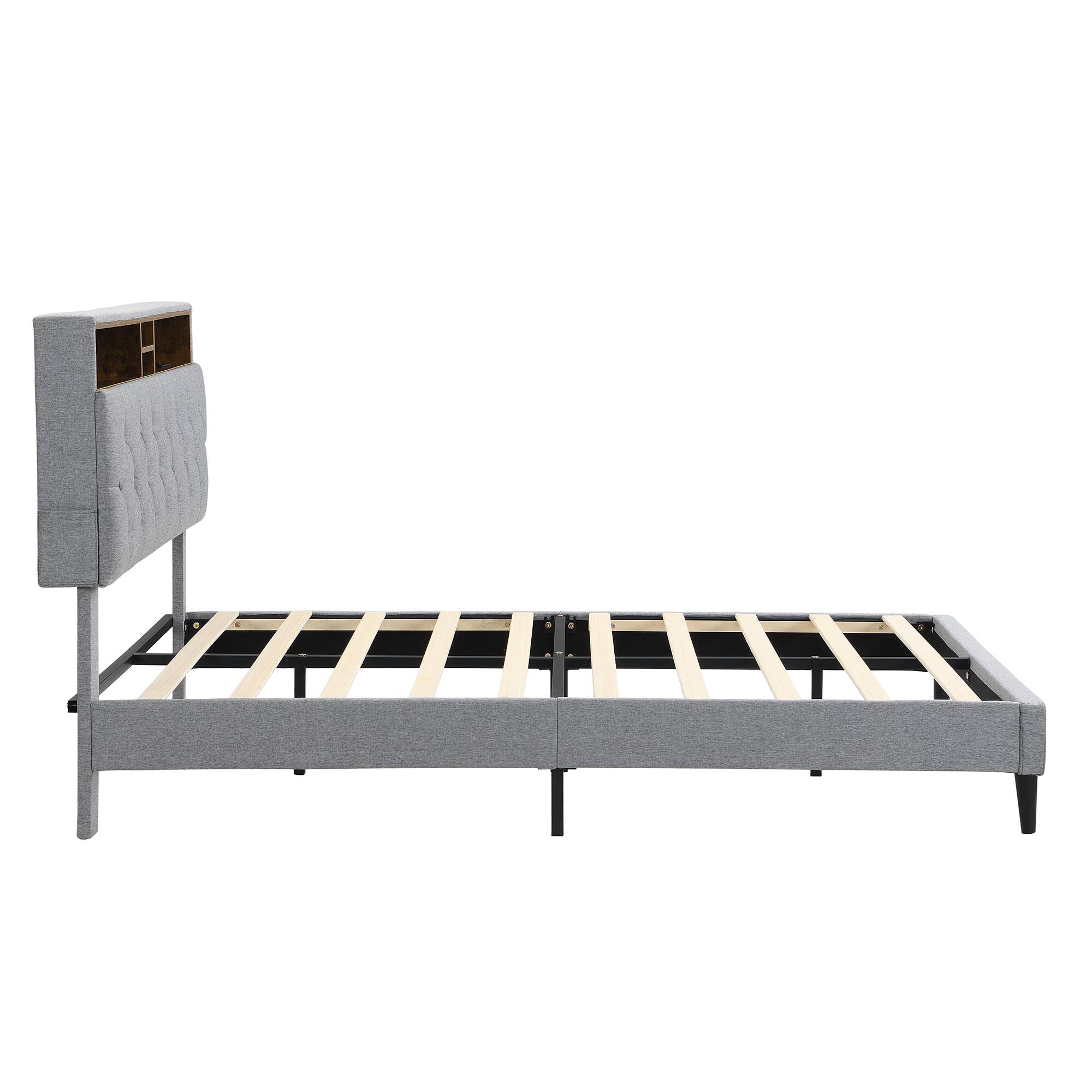 Alt View 1. LUCKY ONE - Queen Size Upholstered Platform Bed Frame with Button-Tufted Linen Headboard, USB Ports, Charging Station, Side Pockets - LIGHT GREY.