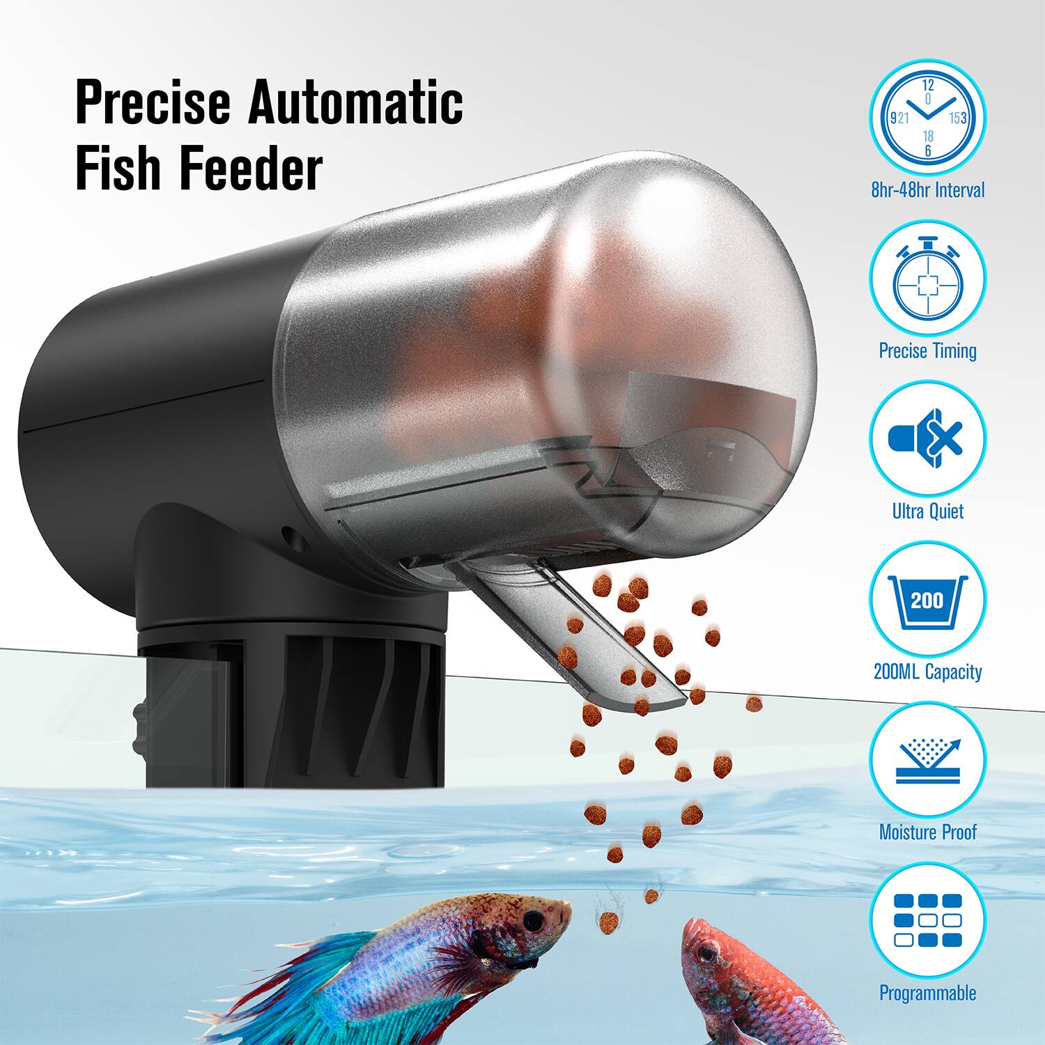 Precise Automatic Fish Feeder

- 8hr-48hr Interval
- Precise Timing
- Ultra Quiet
- 200ML Capacity
- Moisture Proof
- Programmable