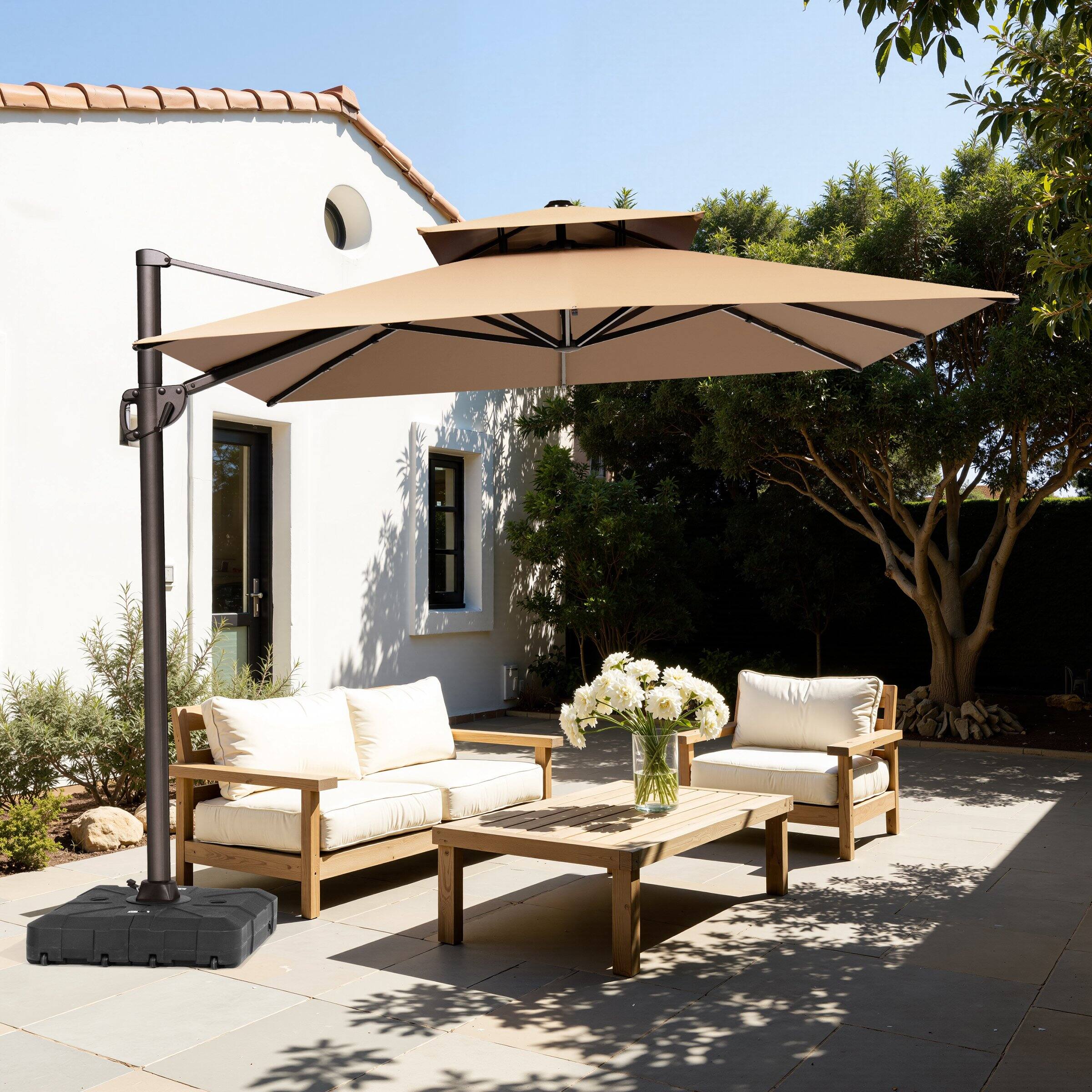 Back. Crestlive Products - Crestlive Products 11ft UPF50+ Aluminum Double Top Slide-tilt Cantilever Patio Umbrella with 350lbs Wheeled Base - Brown.